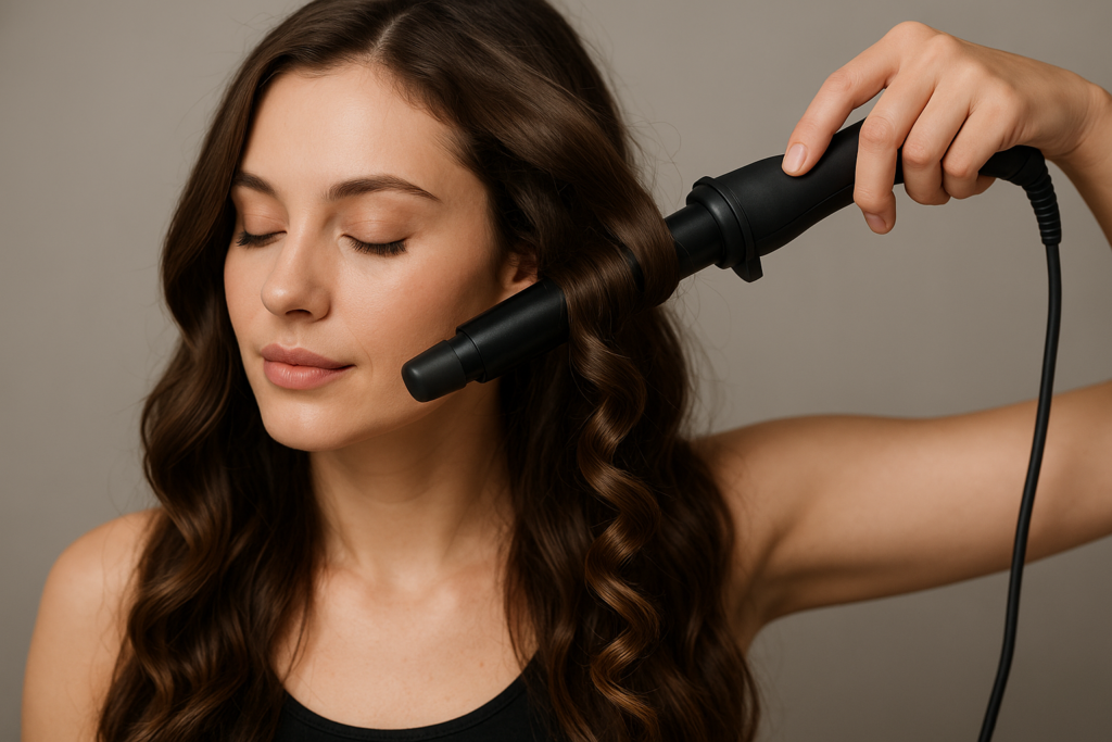 Uma mulher com longos cabelos castanhos usa um modelador de cachos preto para enrolar uma seção de seu cabelo. Ela tem os olhos fechados e está usando uma camiseta regata preta contra um fundo liso.