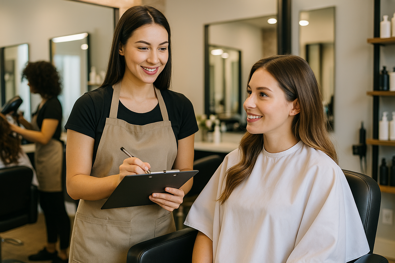 Uma cabeleireira segurando uma prancheta conversa com uma cliente sentada em um salão de beleza. As duas mulheres estão sorrindo. Espelhos de salão, prateleiras e outro cabeleireiro trabalhando com uma cliente são visíveis ao fundo.