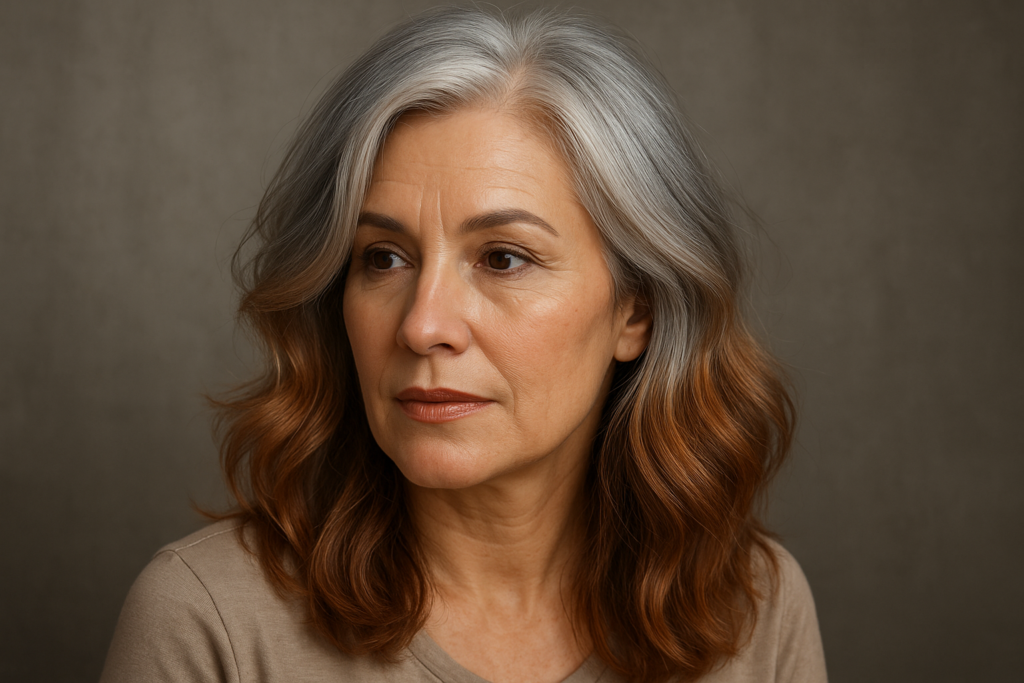 Uma mulher de meia-idade com cabelos grisalhos e castanhos ondulados na altura dos ombros está vestindo um top bege e olhando ligeiramente para o lado em um fundo liso e neutro.