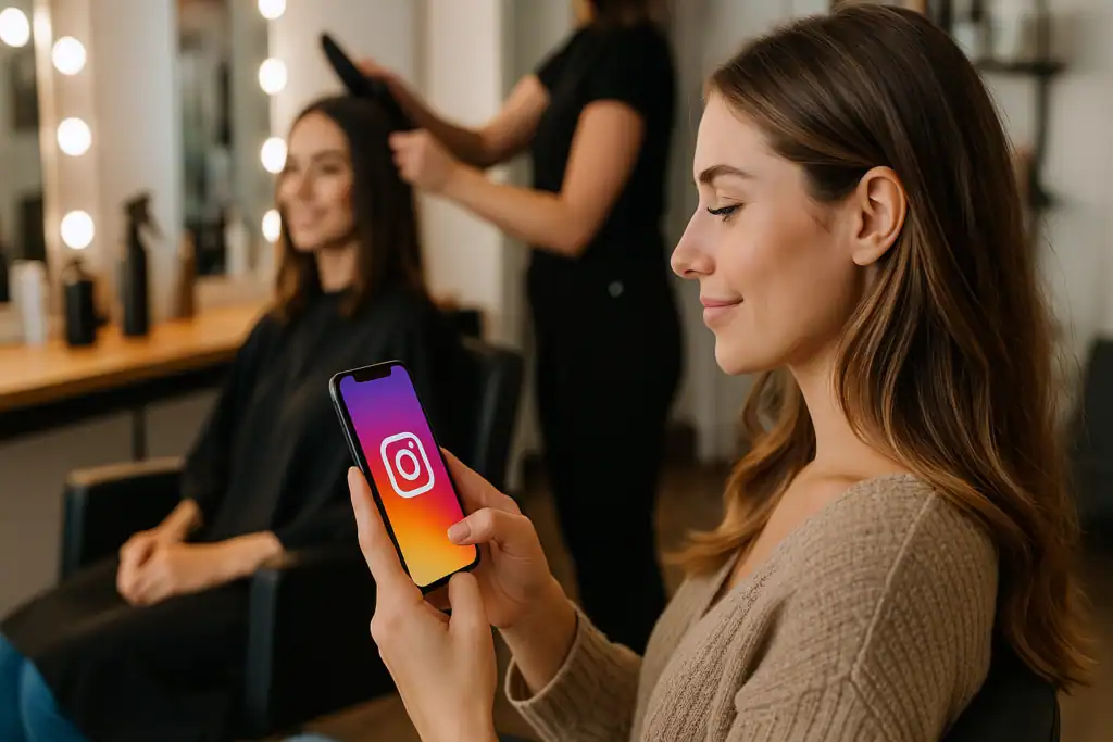 Uma mulher segurando um smartphone com o aplicativo do Instagram aberto senta-se em uma cadeira de salão, enquanto outra mulher ao fundo tem seu cabelo penteado por um cabeleireiro. O cenário parece ser um salão de cabeleireiro moderno.