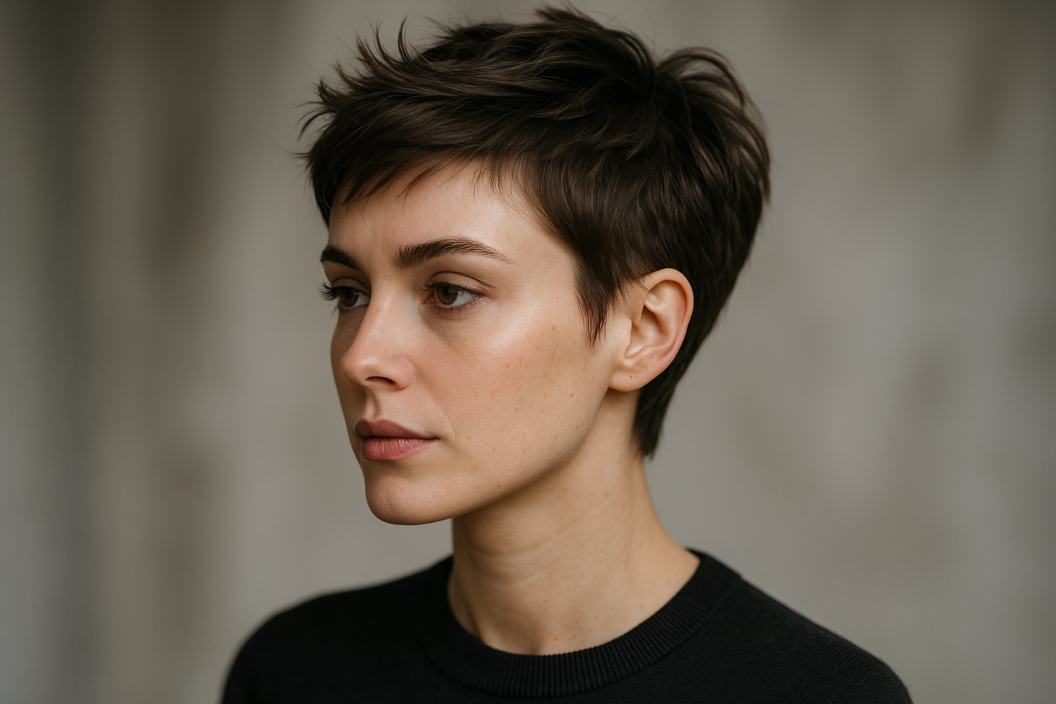 Uma pessoa com cabelos curtos e escuros e pele clara usa uma blusa preta de gola alta e olha para o lado contra um fundo liso e suavemente desfocado.