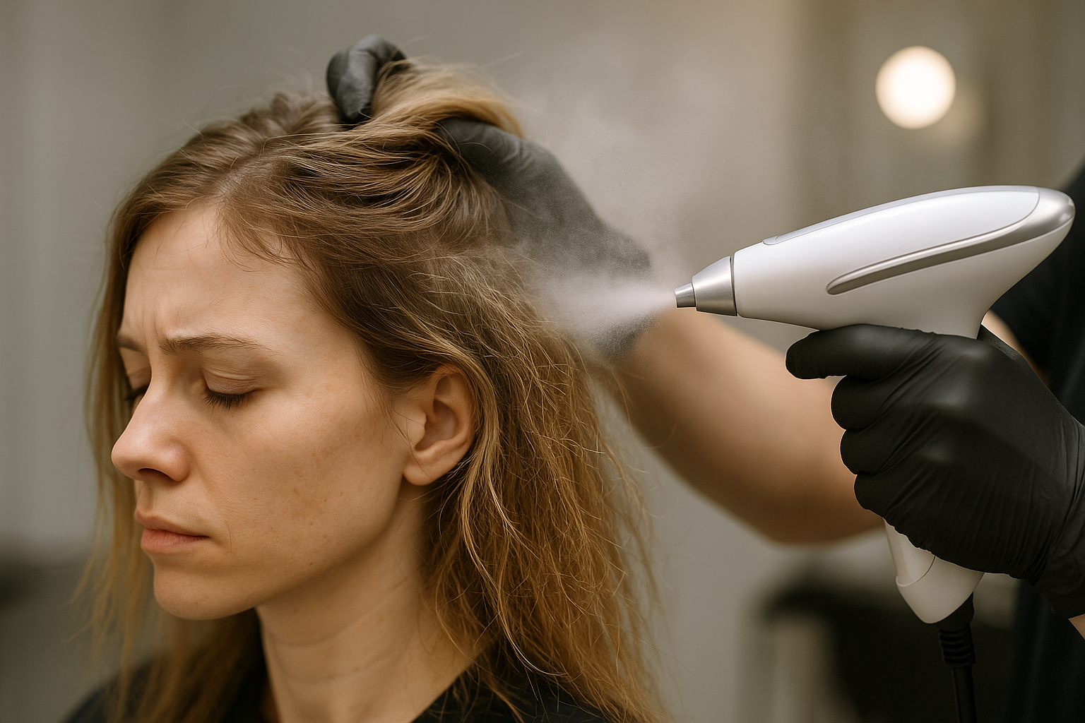 Uma mulher com os olhos fechados recebe um tratamento no couro cabeludo de uma pessoa que usa luvas pretas, utilizando um dispositivo portátil branco que emite uma névoa em seu cabelo.