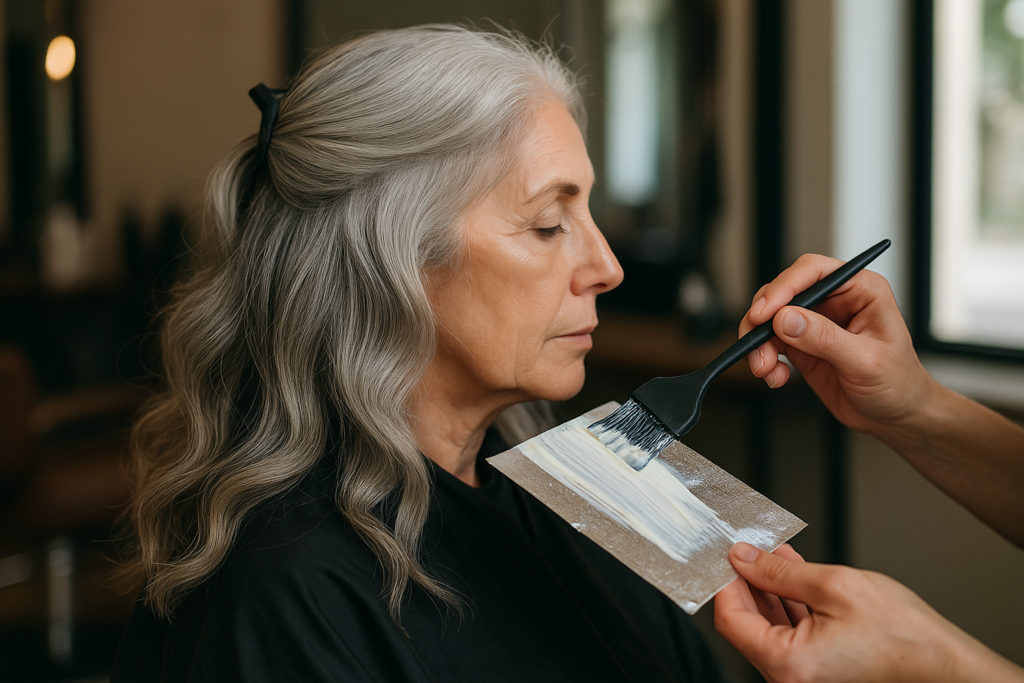 Uma pessoa com longos cabelos grisalhos senta-se em uma cadeira de salão de beleza com os olhos fechados enquanto um cabeleireiro aplica tintura de cabelo usando uma escova e papel alumínio.