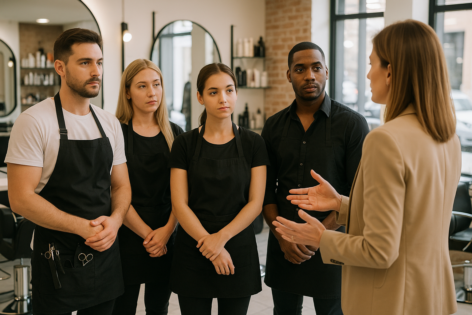 Uma mulher vestindo um blazer bege fala com quatro funcionários de um salão de beleza usando uniformes e aventais pretos, em um moderno salão de cabeleireiro com grandes espelhos e prateleiras de produtos ao fundo.