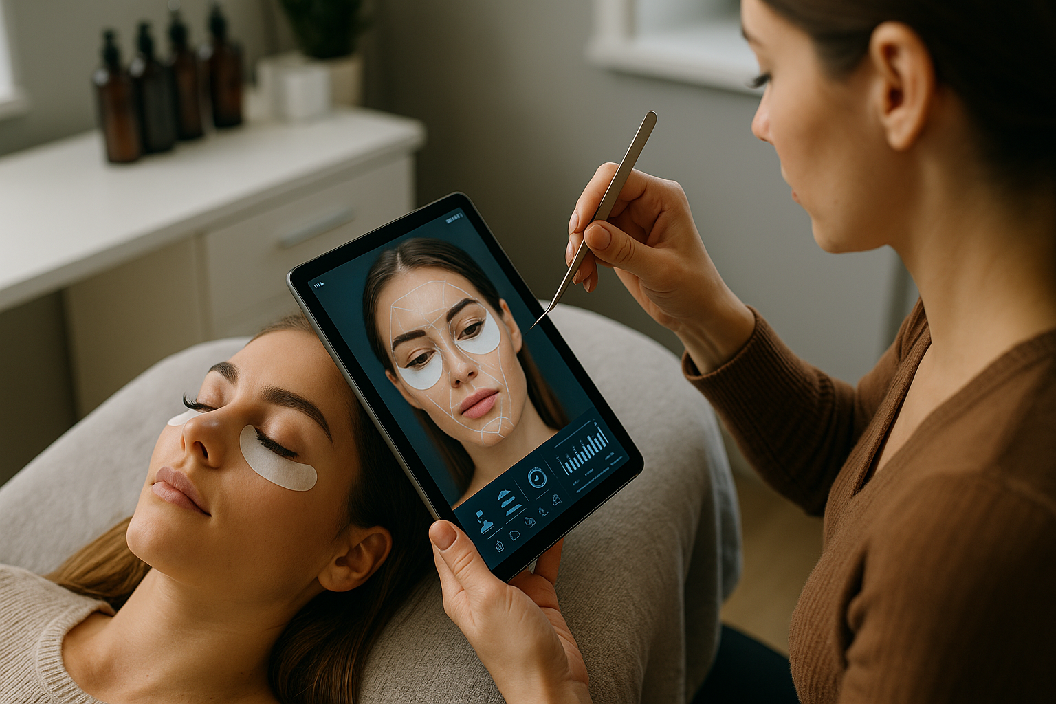 Uma mulher deitada em uma cama de clínica com tapa-olhos enquanto outra pessoa segura um tablet que exibe seu rosto com sobreposições digitais e usa uma ferramenta, possivelmente para uma avaliação cosmética ou dermatológica.