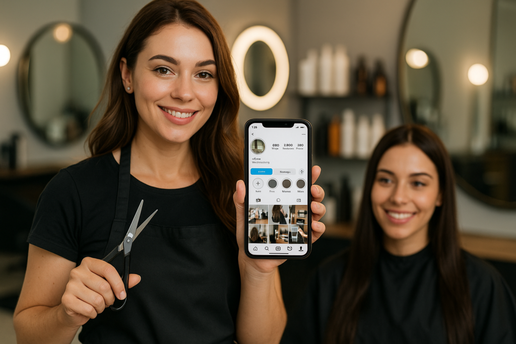 Uma mulher com um avental preto segura uma tesoura e mostra um smartphone com um perfil de mídia social. Outra mulher está sentada em uma cadeira de salão ao fundo, ambas sorrindo. O cenário é um salão de cabeleireiro moderno.