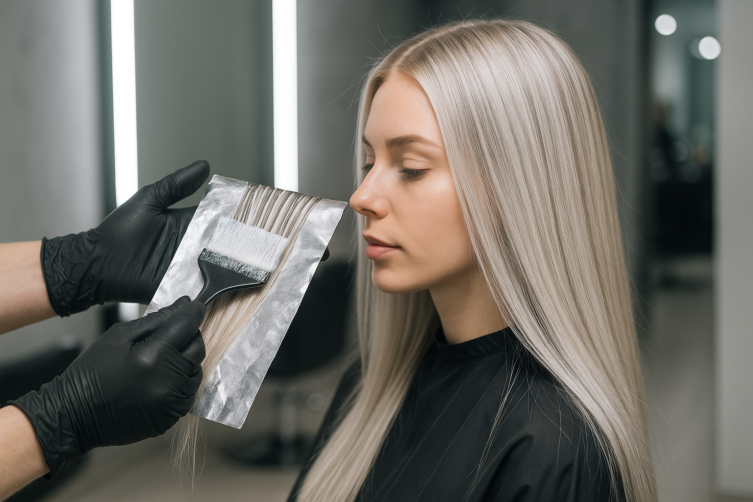 Um cabeleireiro usando luvas pretas aplica cor de cabelo com um pincel no cabelo de uma mulher com cabelo longo, liso e loiro platinado em um salão. A mulher está sentada e usa uma capa preta.