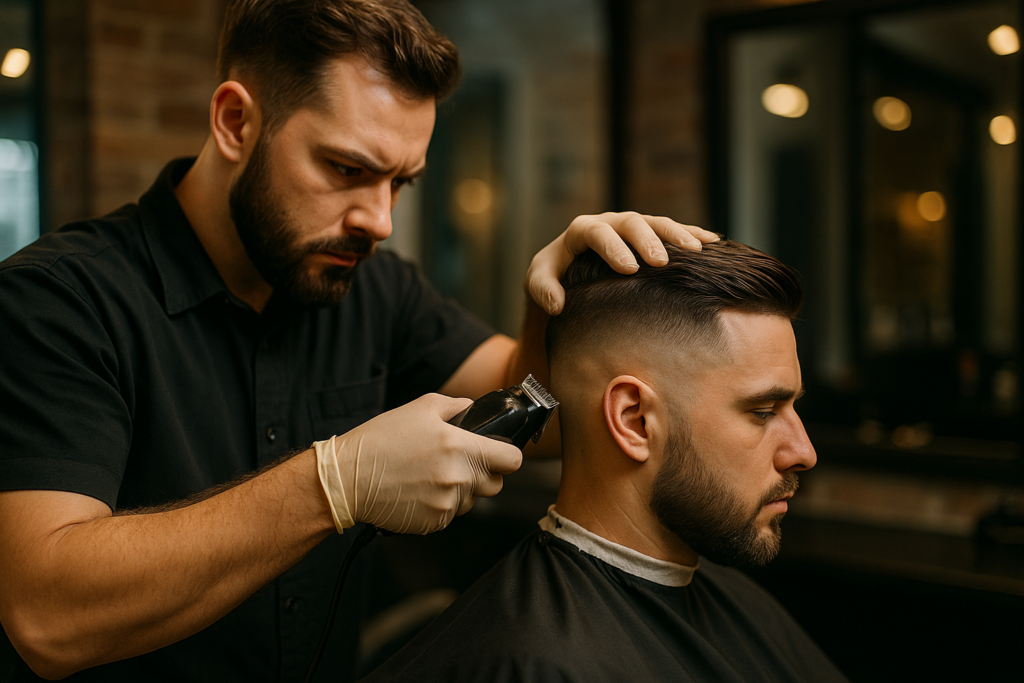 Um barbeiro usando luvas usa uma máquina de corte elétrica para aparar a lateral da cabeça de um homem sentado em uma barbearia moderna. O homem está coberto com uma capa preta e permanece imóvel enquanto o barbeiro trabalha cuidadosamente.