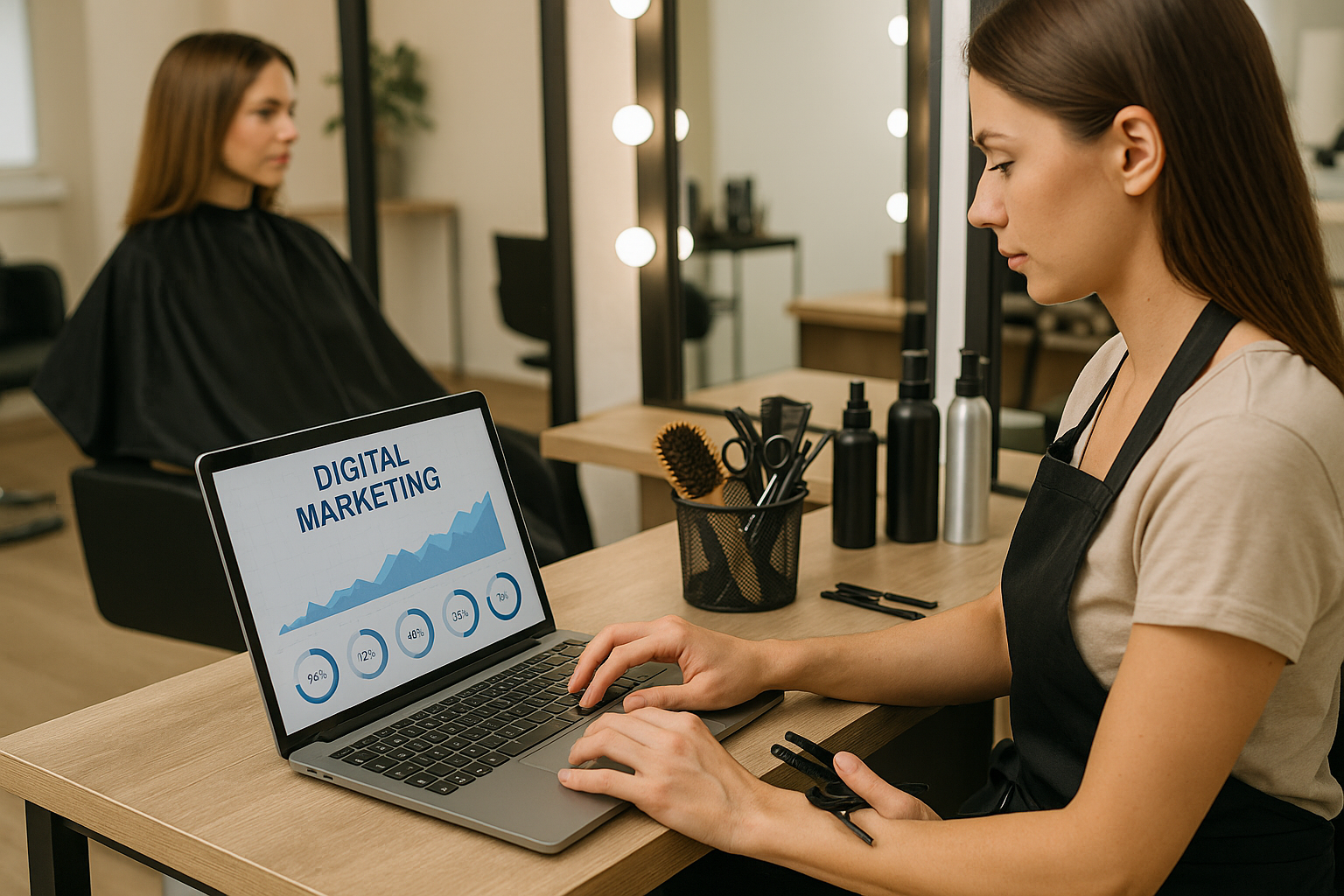 Uma mulher com uniforme de salão de beleza está sentada em uma mesa usando um laptop que exibe uma apresentação de marketing digital. Ferramentas de salão, incluindo escovas e frascos de spray, estão sobre a mesa. Outra mulher é visível ao fundo.