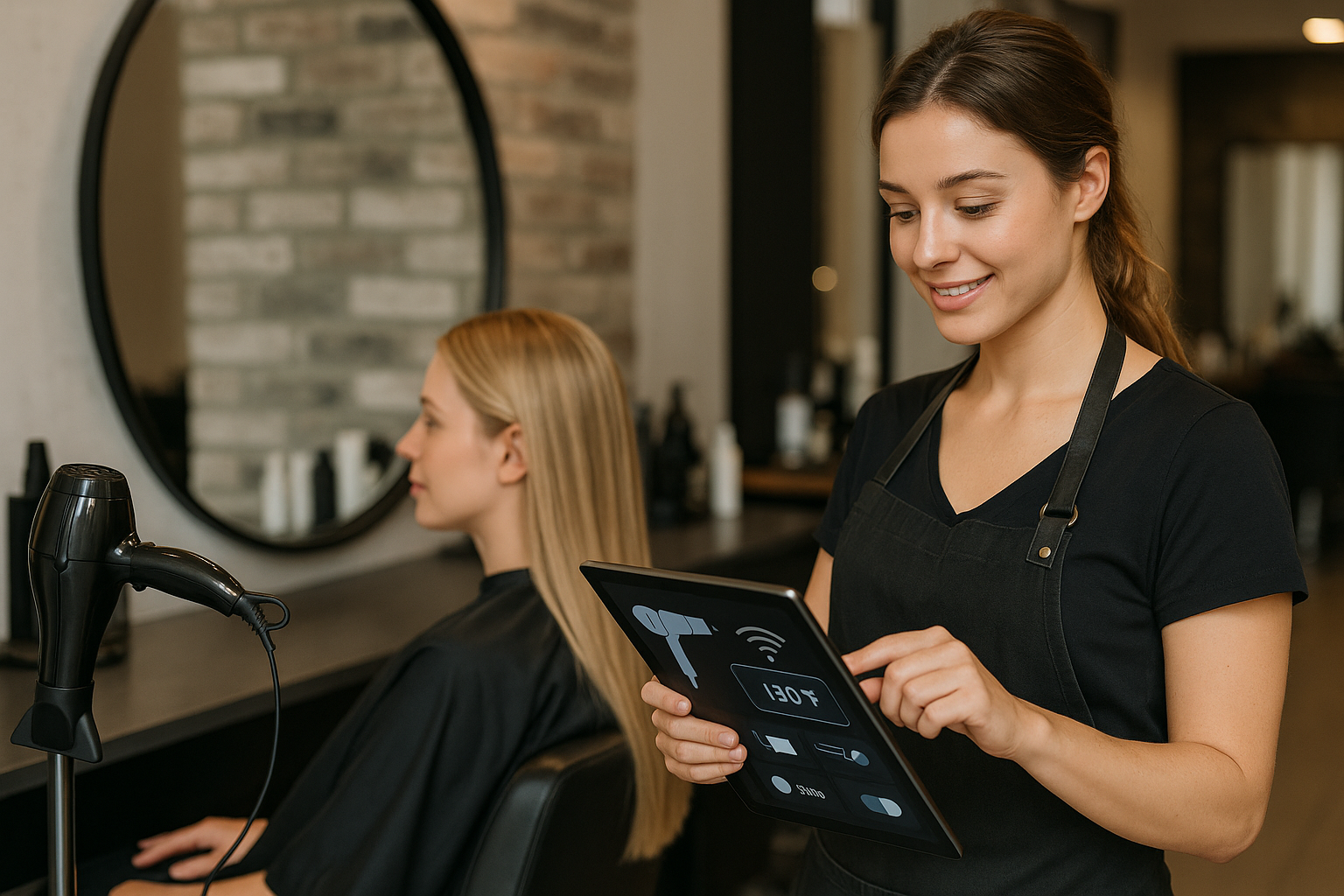 Um cabeleireiro de avental preto sorri enquanto usa um tablet. Ao fundo, uma cliente com longos cabelos loiros está sentada em uma cadeira de salão perto de um espelho e de um secador de cabelo. O ambiente do salão é moderno e arrumado.