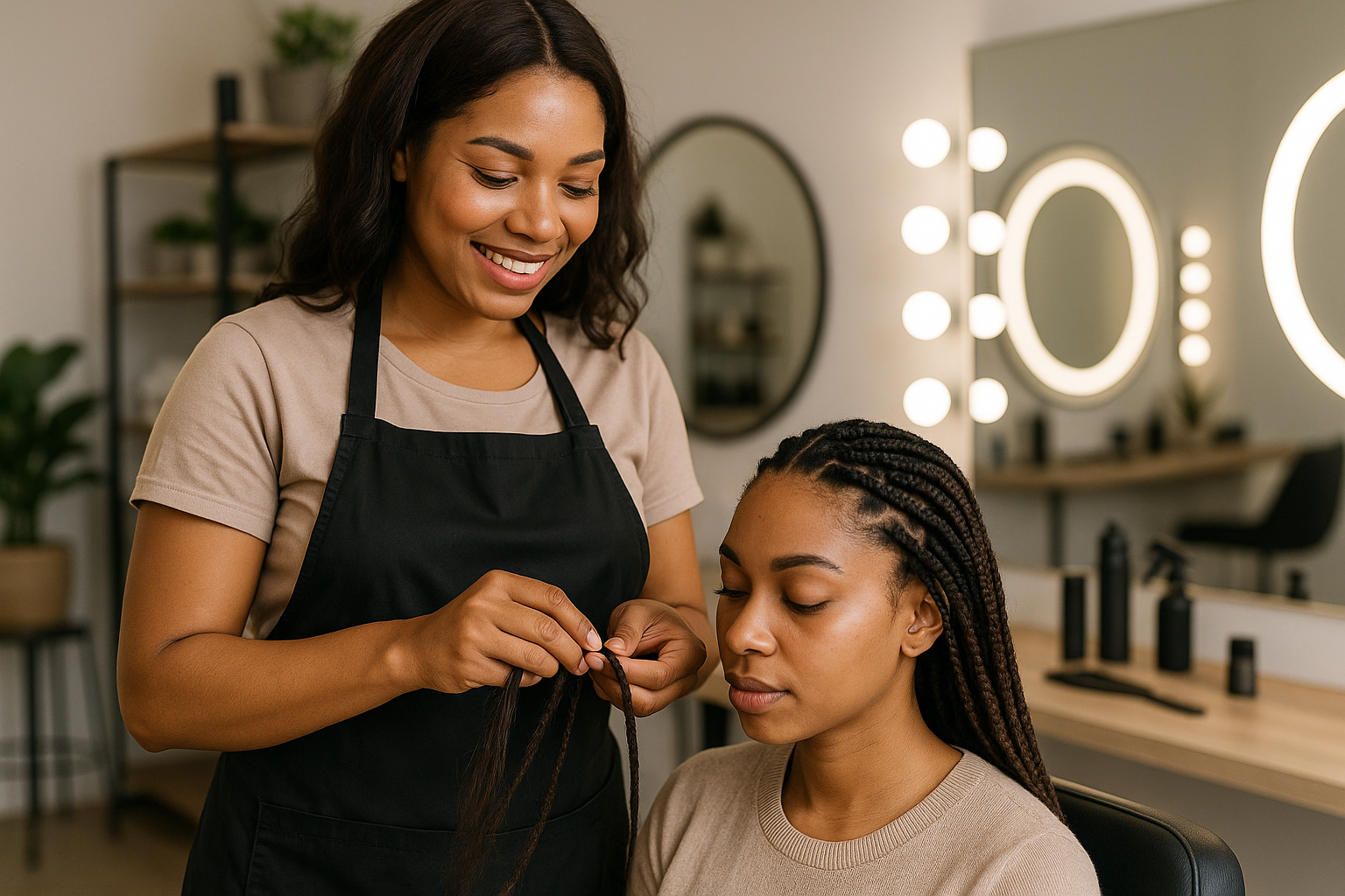 Um cabeleireiro usando um avental está trançando o cabelo de uma mulher sentada em um salão. A mulher está com os olhos fechados. O plano de fundo mostra espelhos de salão, luzes e produtos para cabelo em um balcão.