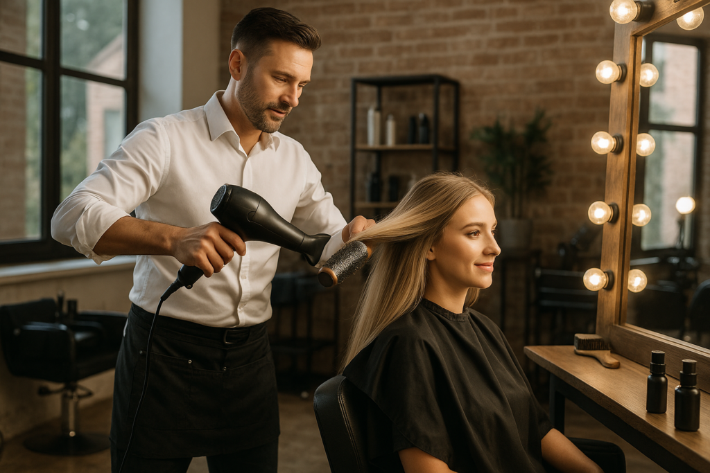 Um cabeleireiro usa uma escova redonda e um secador de cabelo para modelar o cabelo longo e liso de uma mulher em um salão com paredes de tijolos, janelas grandes e espelho iluminado. A mulher está sentada e usando uma capa preta.