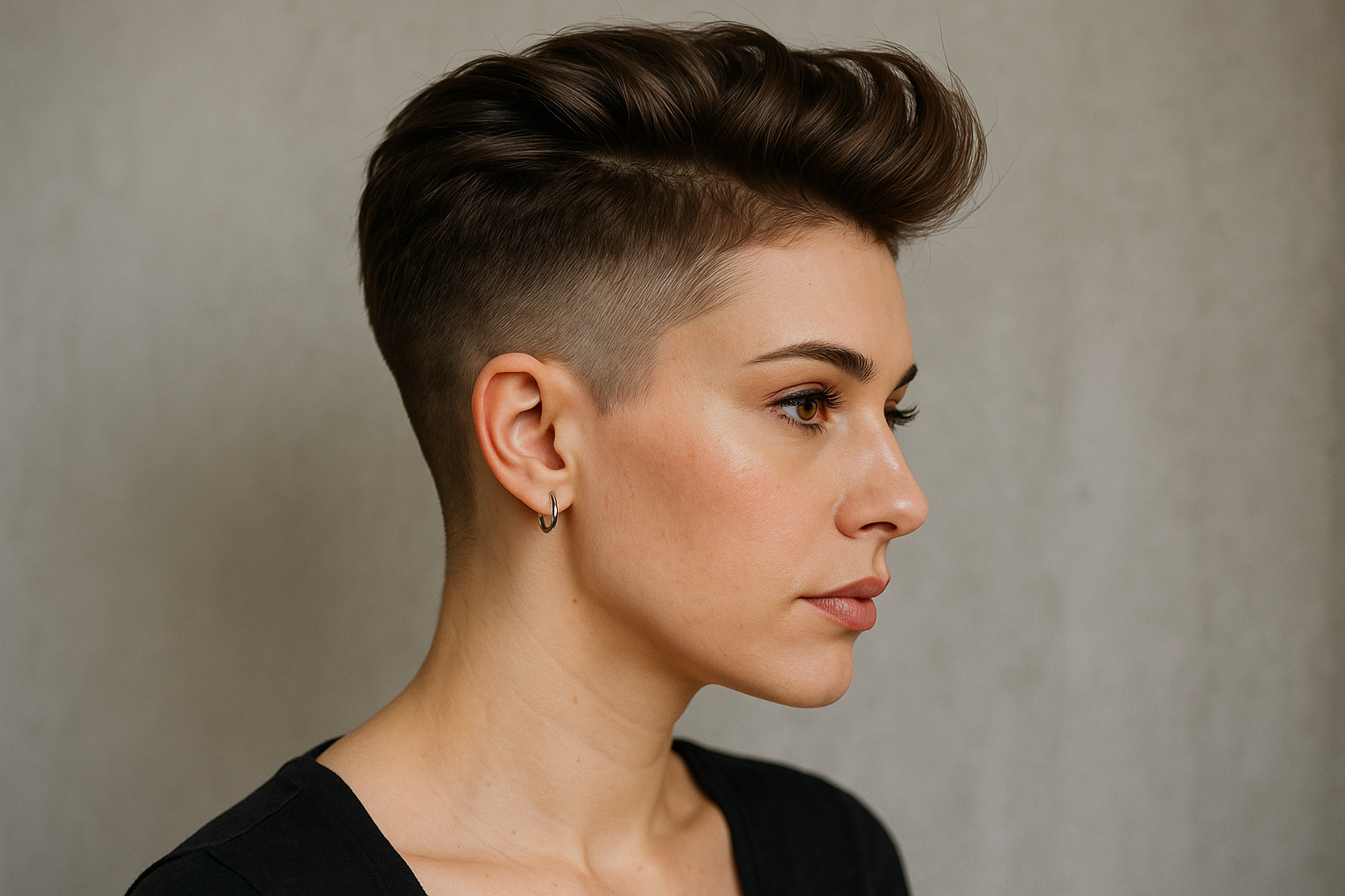 Uma pessoa com cabelo curto e escuro, penteado em um topete volumoso e com as laterais raspadas, é mostrada de perfil. Ela está usando um brinco de argola pequeno e um top preto, em um fundo liso de cor clara.