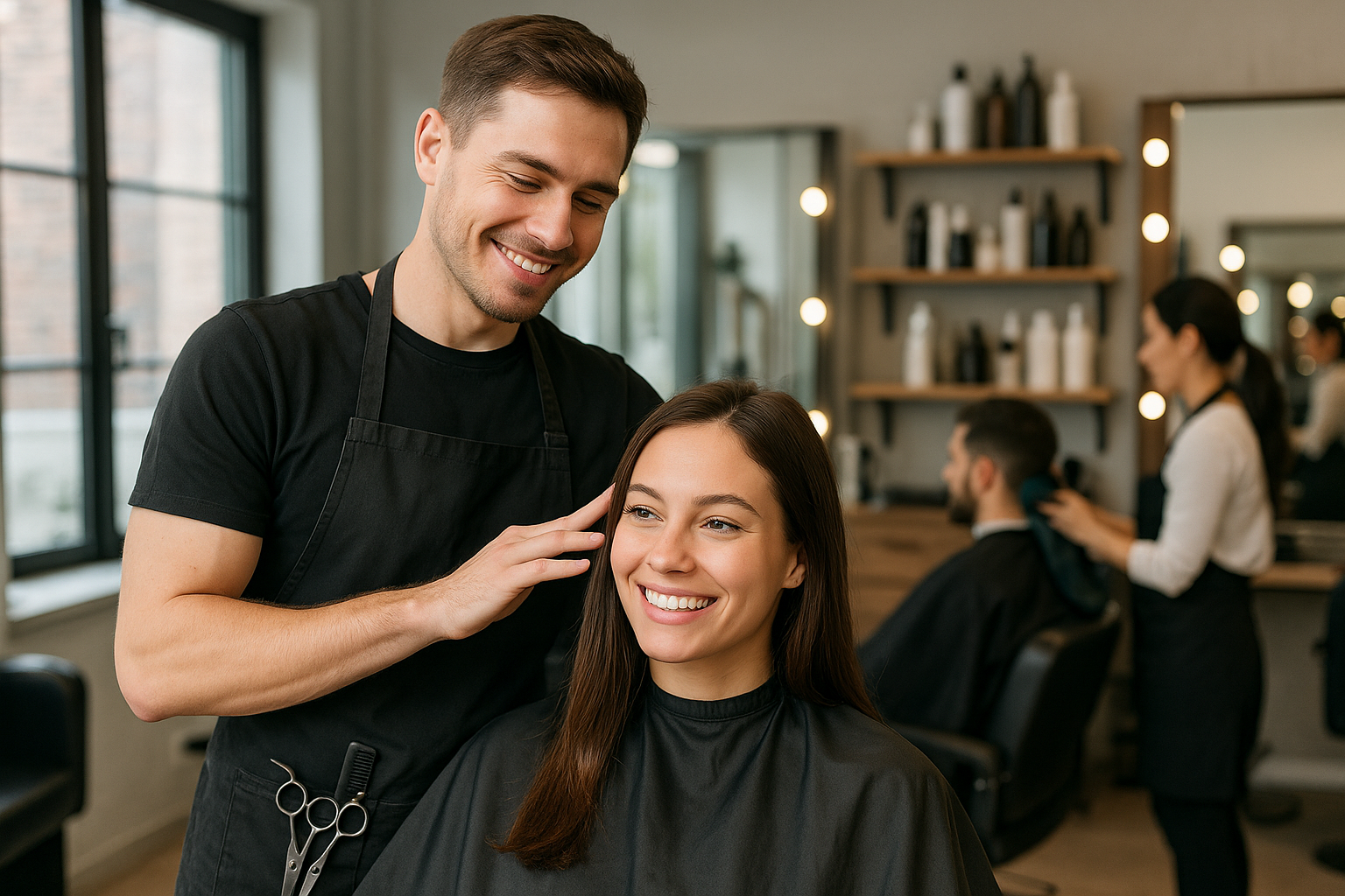 Um cabeleireiro vestindo preto sorri enquanto penteia o cabelo de uma mulher sentada que também está sorrindo. Ao fundo, outro cabeleireiro trabalha com uma cliente em um salão moderno e bem iluminado, com prateleiras de produtos para cabelo.