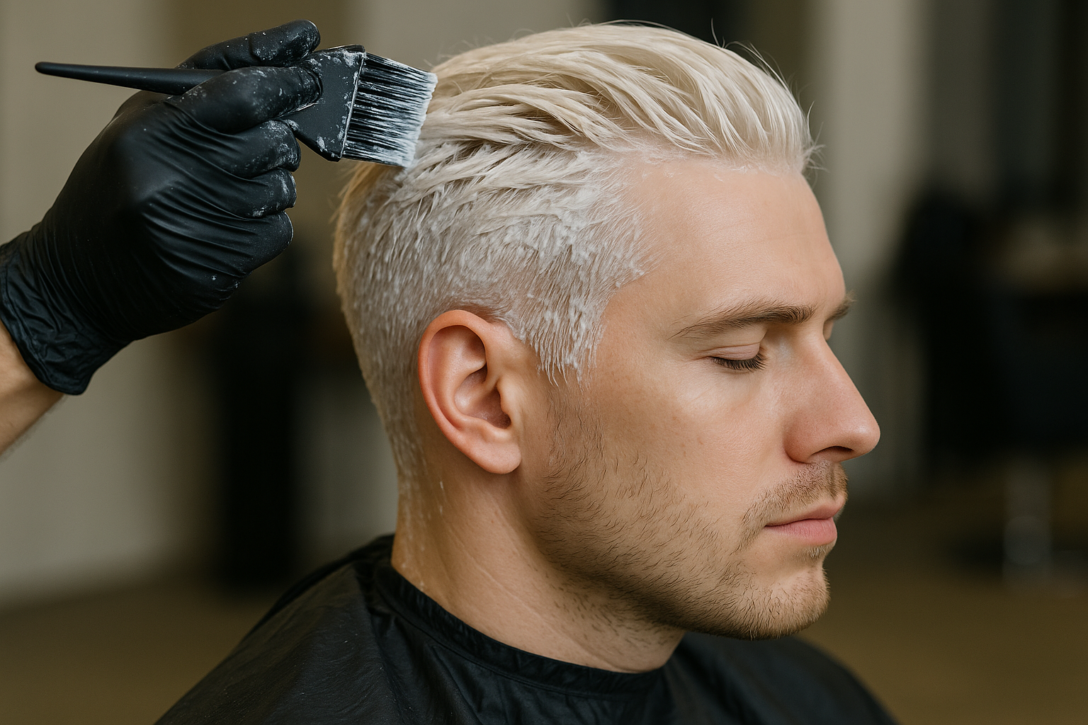 Uma pessoa com cabelo curto, loiro platinado, senta-se com os olhos fechados enquanto uma mão enluvada aplica tintura de cabelo nas raízes usando um pincel em um salão de beleza.
