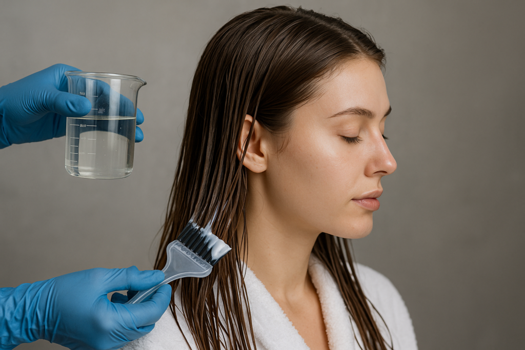 Uma pessoa com cabelos molhados senta-se com os olhos fechados enquanto alguém usando luvas azuis aplica um líquido em seus cabelos usando um pincel. O líquido está em um béquer de medição transparente. A pessoa usa um roupão branco.