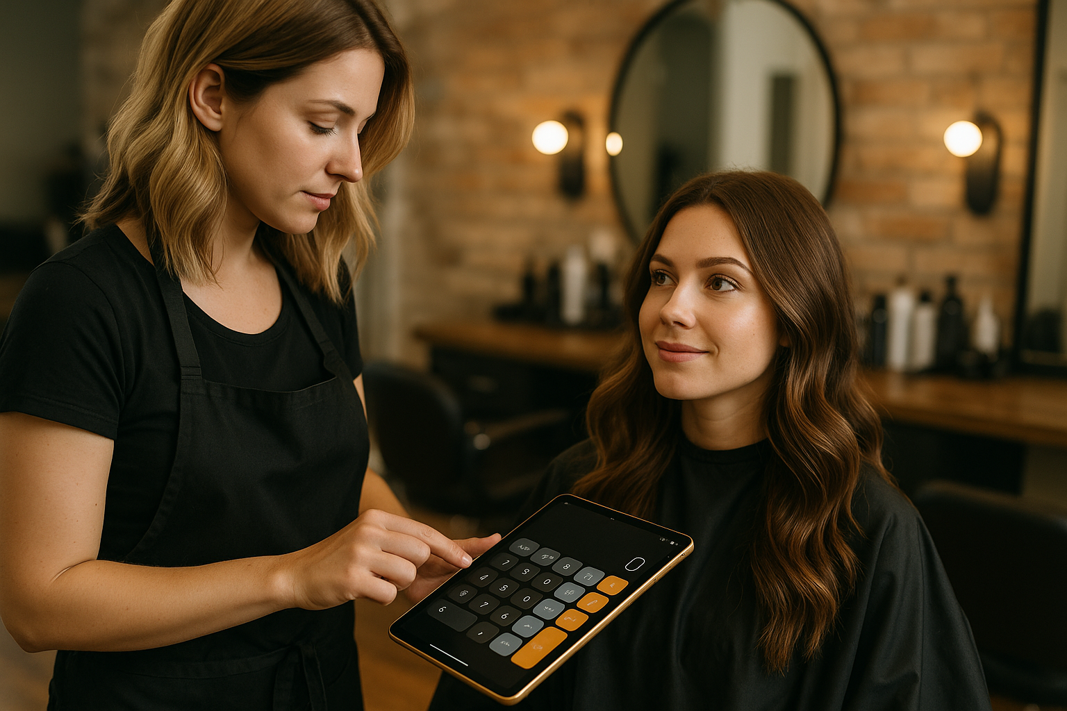 Um cabeleireiro com avental preto segura um tablet mostrando um aplicativo de calculadora enquanto está ao lado de uma mulher com longos cabelos castanhos sentada em uma cadeira de salão. Espelhos e produtos do salão são visíveis ao fundo.