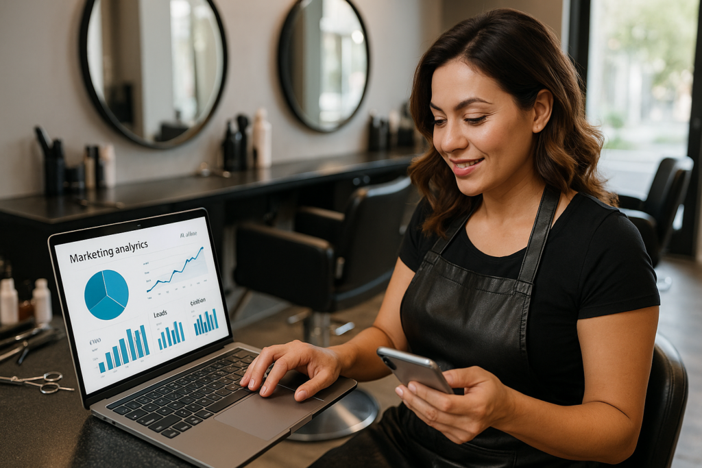 Uma mulher de avental preto está sentada em um salão com cadeiras de modelagem e espelhos, segurando um telefone e usando um laptop que exibe tabelas e gráficos de análise de marketing.