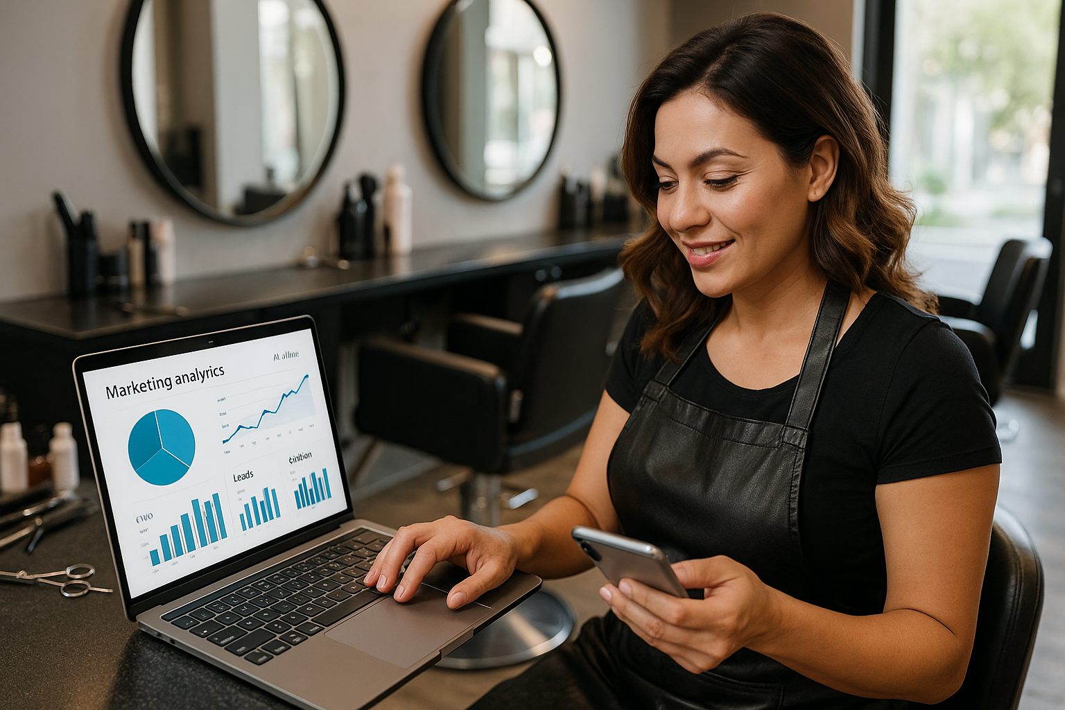 Uma mulher de avental preto está sentada em um salão com cadeiras de modelagem e espelhos, segurando um telefone e usando um laptop que exibe tabelas e gráficos de análise de marketing.