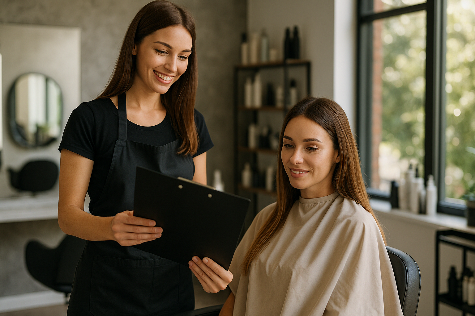 Uma cabeleireira segurando uma prancheta está ao lado de uma cliente sentada em um salão de beleza. A cliente usa uma capa bege e as duas mulheres estão olhando para a prancheta e sorrindo. Prateleiras com produtos para cabelo estão ao fundo.