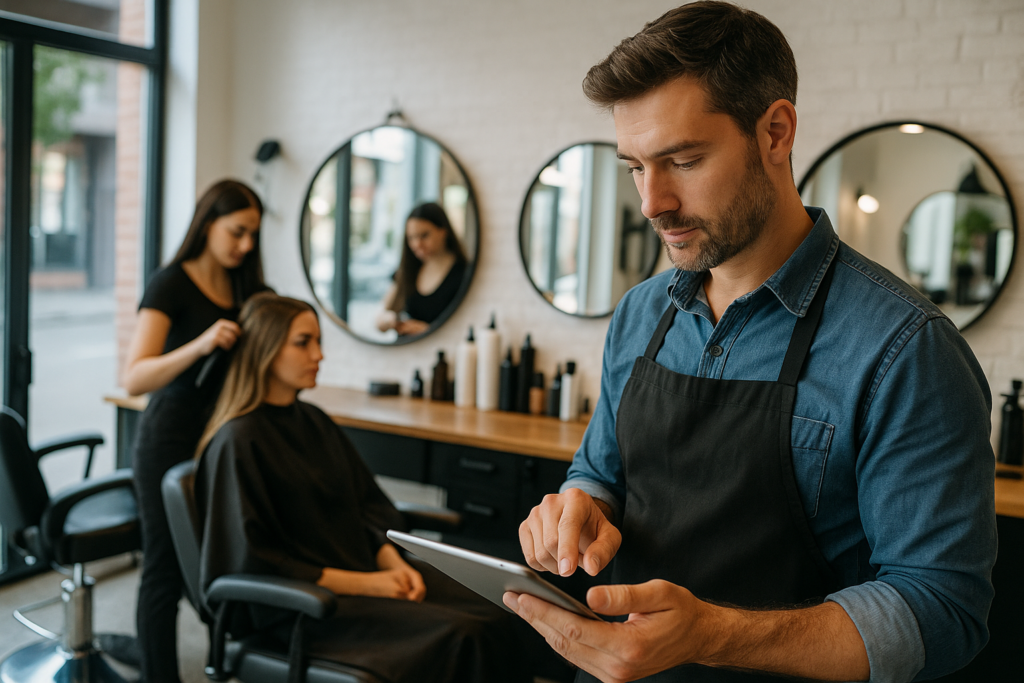 Um homem vestindo um avental usa um tablet em um salão de cabeleireiro moderno. Ao fundo, um cabeleireiro trabalha em uma cliente sentada. Espelhos redondos e produtos para cabelo estão visíveis no balcão.