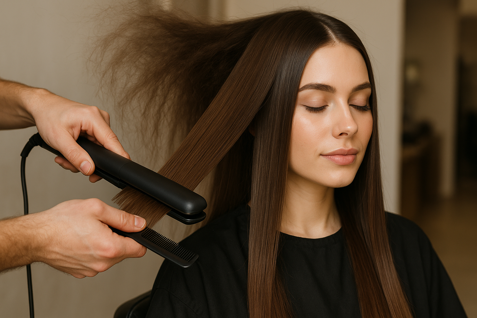 Uma pessoa com longos cabelos castanhos senta-se com os olhos fechados enquanto outra pessoa usa uma chapinha e um pente para alisar seus cabelos em um salão de beleza.