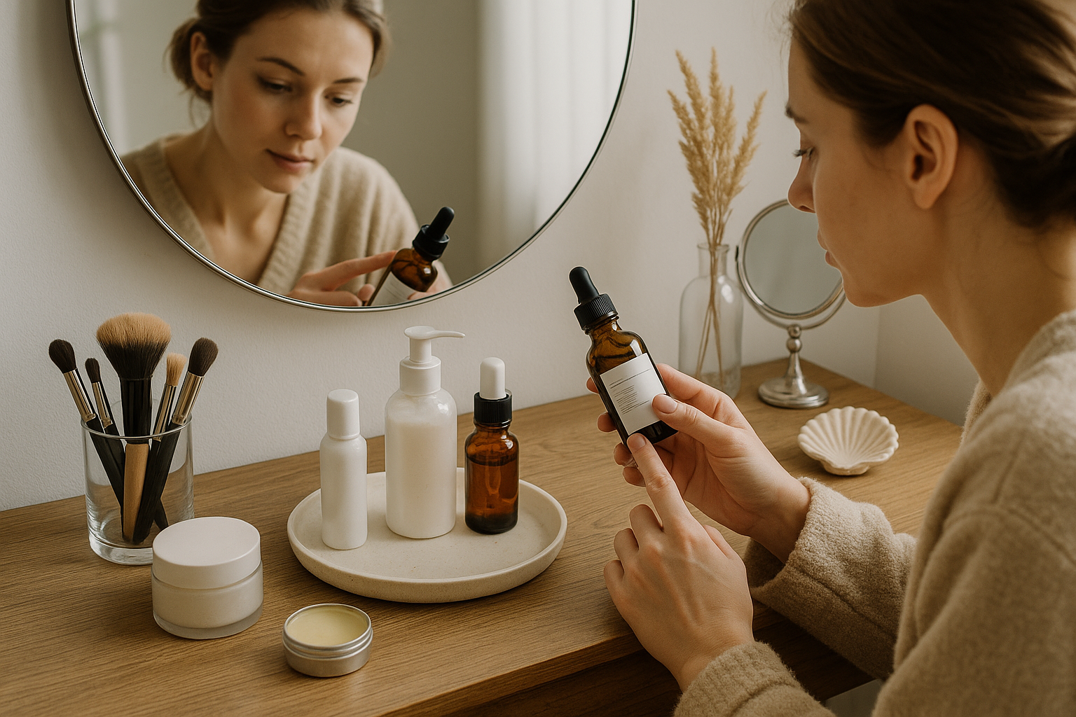 Uma mulher está sentada em uma penteadeira, segurando um frasco conta-gotas e lendo seu rótulo. Frascos de produtos para a pele, potes, pincéis de maquiagem, um espelho redondo e itens decorativos estão organizados ordenadamente na superfície de madeira.