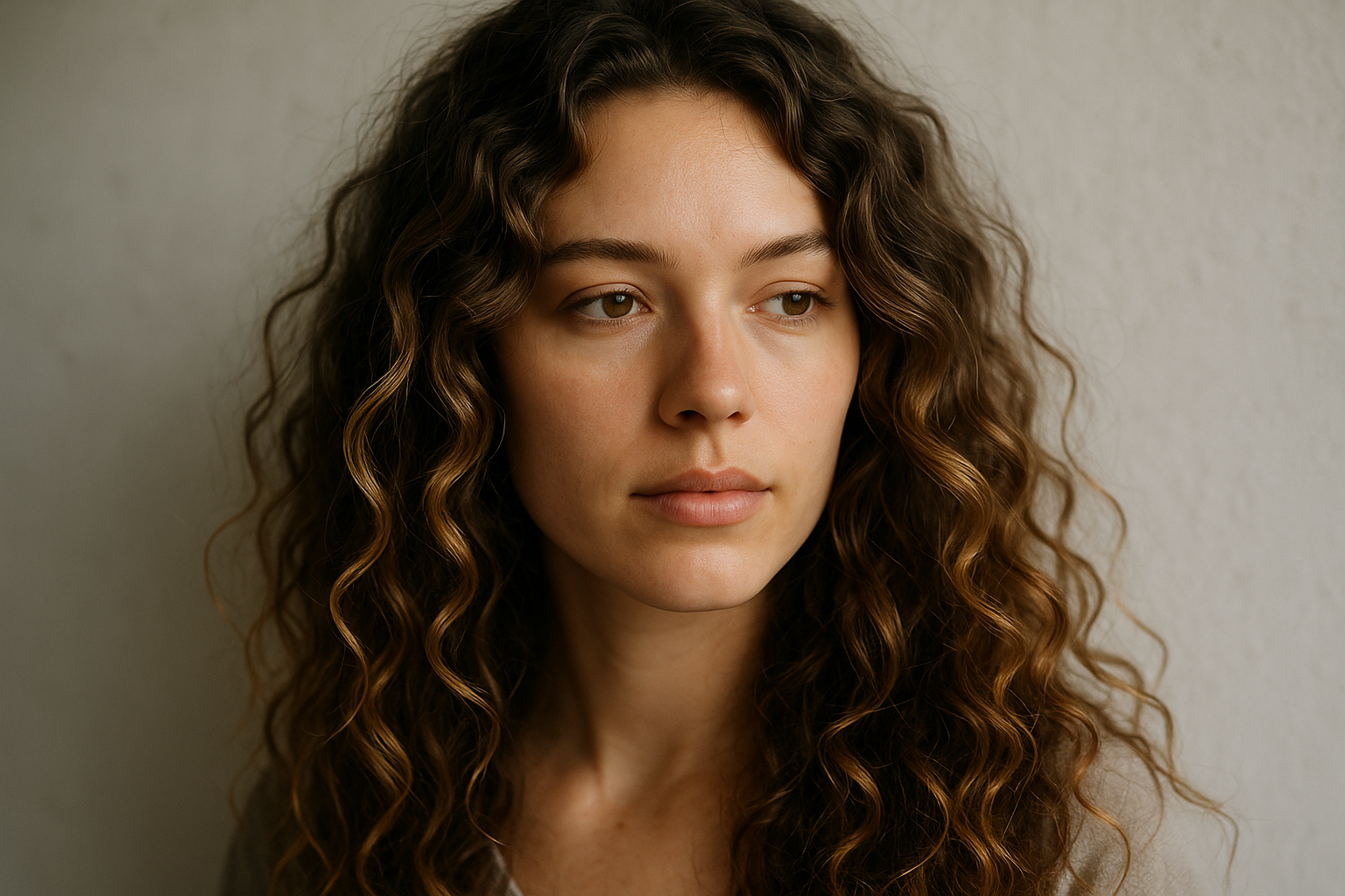 Uma jovem de cabelos castanhos longos e ondulados está encostada em uma parede lisa de cor clara, olhando ligeiramente para o lado com uma expressão neutra.
