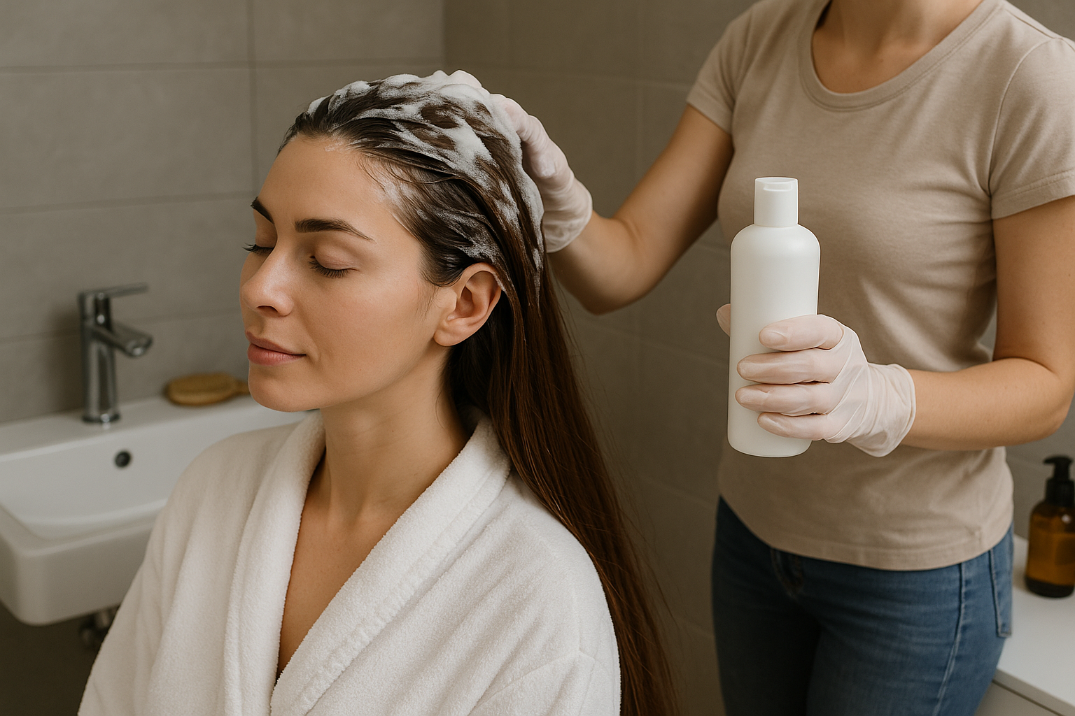 Uma mulher com longos cabelos castanhos está sentada com os olhos fechados enquanto outra pessoa usando luvas aplica xampu ou tratamento em seu couro cabeludo em um banheiro. A mulher que está sendo tratada usa um roupão branco.