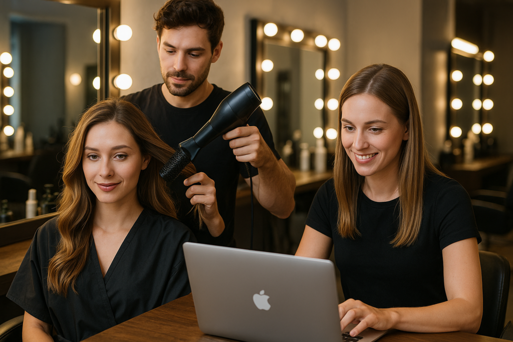 Uma mulher está tendo seu cabelo secado por um cabeleireiro enquanto outra mulher está sentada ao lado dela, sorrindo e digitando em um laptop. Elas estão em um salão bem iluminado, com espelhos e luzes de cabine ao fundo.