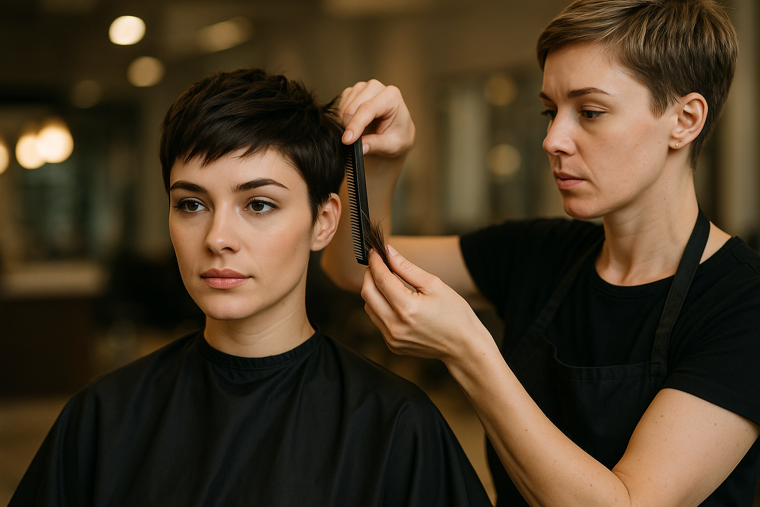 Um cabeleireiro usando um avental preto penteia o cabelo curto de uma mulher sentada durante um corte de cabelo em um salão. A cliente tem uma expressão calma e ambos estão concentrados na tarefa.