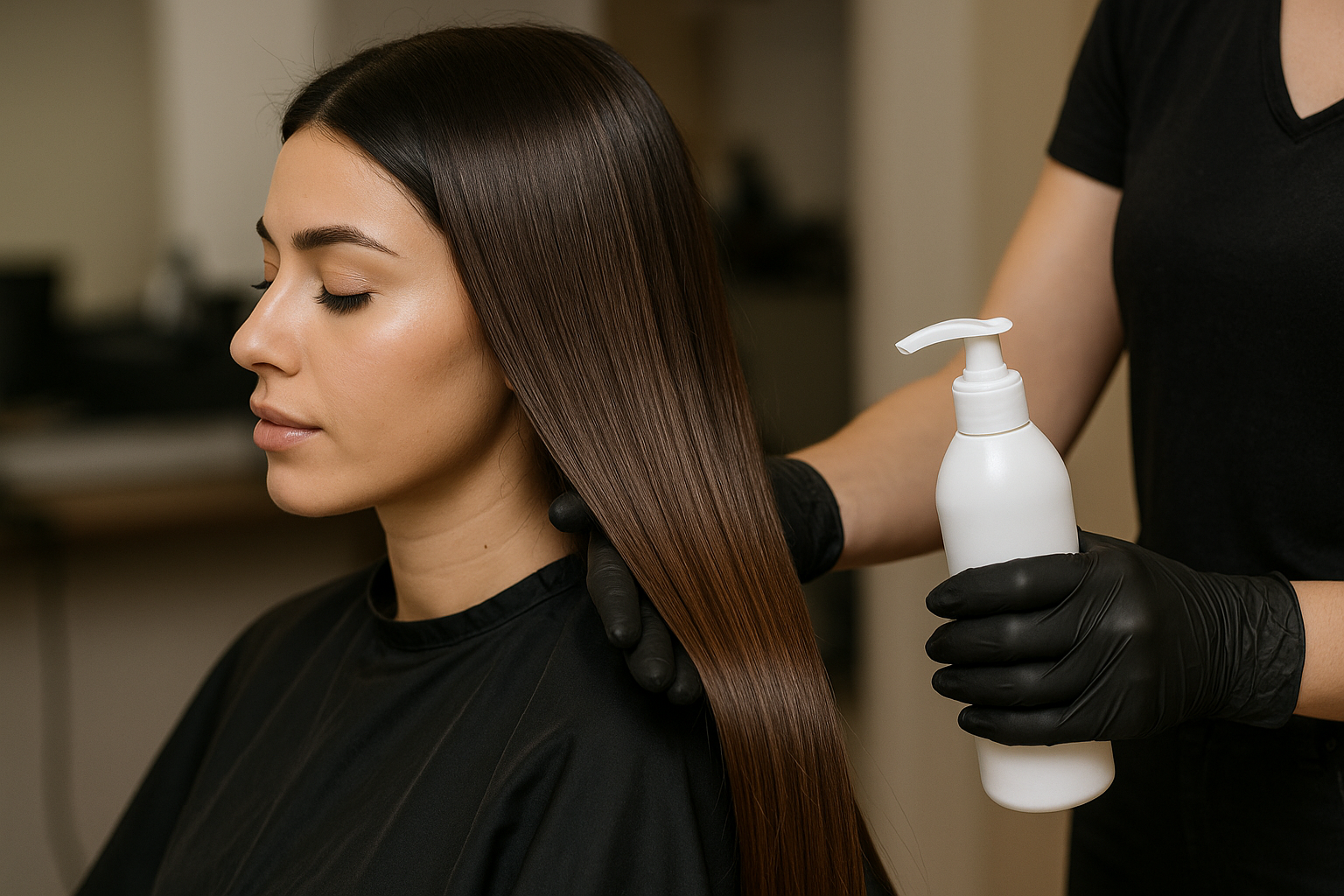 Uma pessoa usando luvas pretas aplica um produto de um frasco branco no cabelo castanho longo e liso de uma mulher sentada em uma cadeira de salão, que está de olhos fechados.