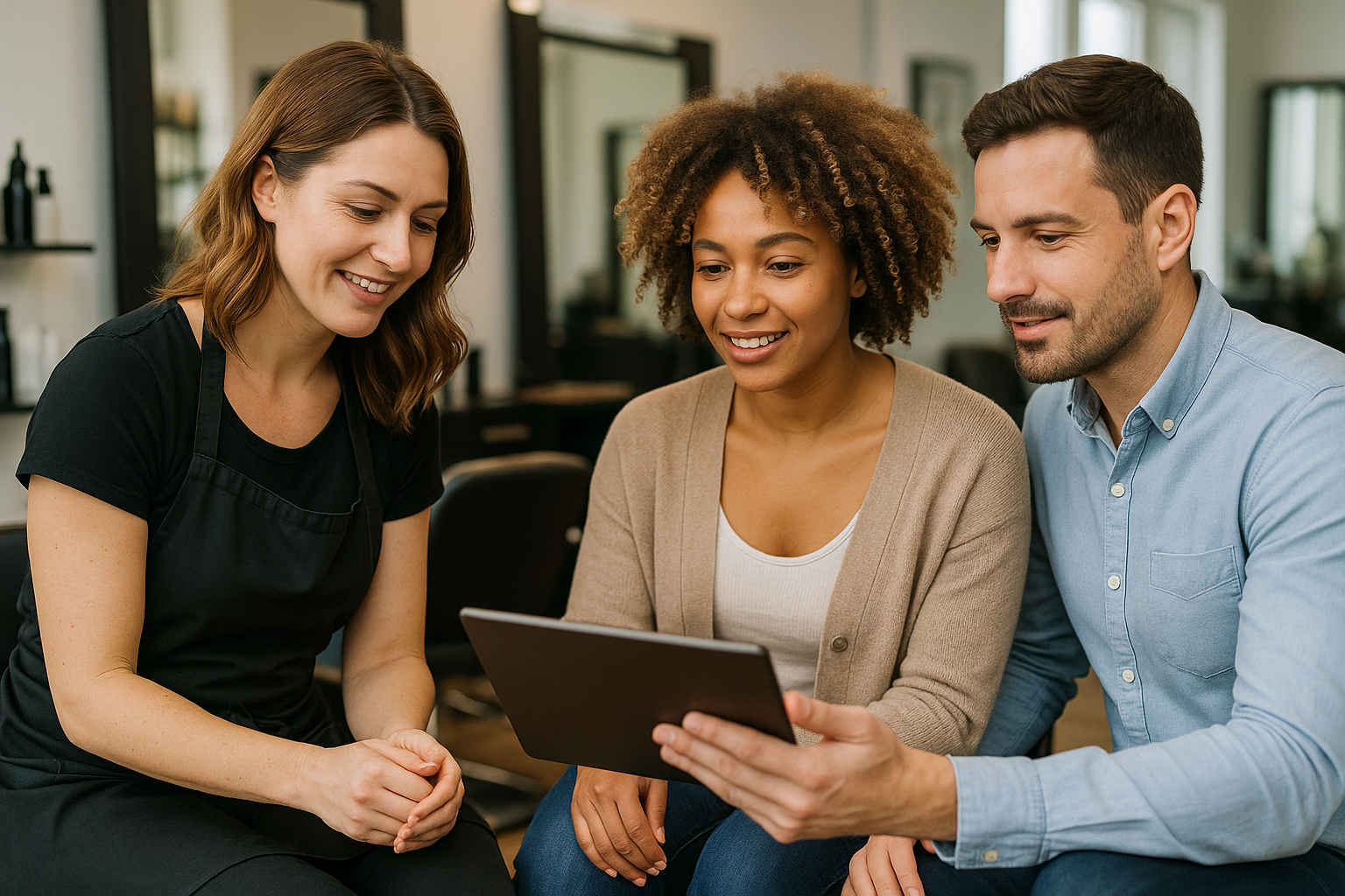 Três pessoas sentadas juntas em um salão, olhando para um tablet digital e sorrindo. Uma pessoa usa um avental preto, enquanto as outras duas estão vestidas casualmente. Cadeiras de cabeleireiro e espelhos são visíveis ao fundo.
