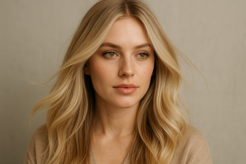 Uma mulher com longos cabelos loiros ondulados e maquiagem clara está olhando ligeiramente para o lado. Ela está usando um top bege e está posando em frente a um fundo liso de cor clara.