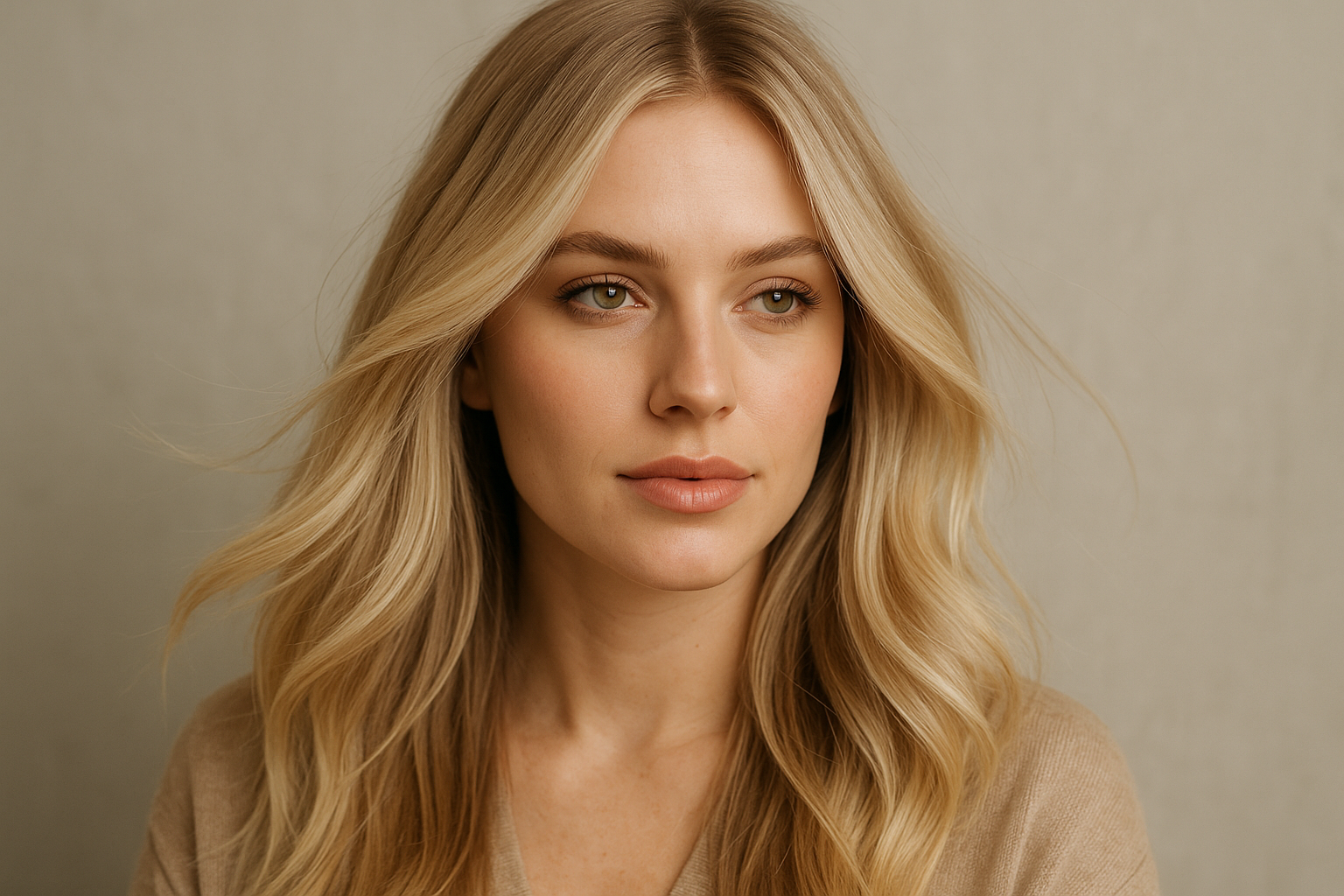 Uma mulher com longos cabelos loiros ondulados e maquiagem clara está olhando ligeiramente para o lado. Ela está usando um top bege e está posando em frente a um fundo liso de cor clara.