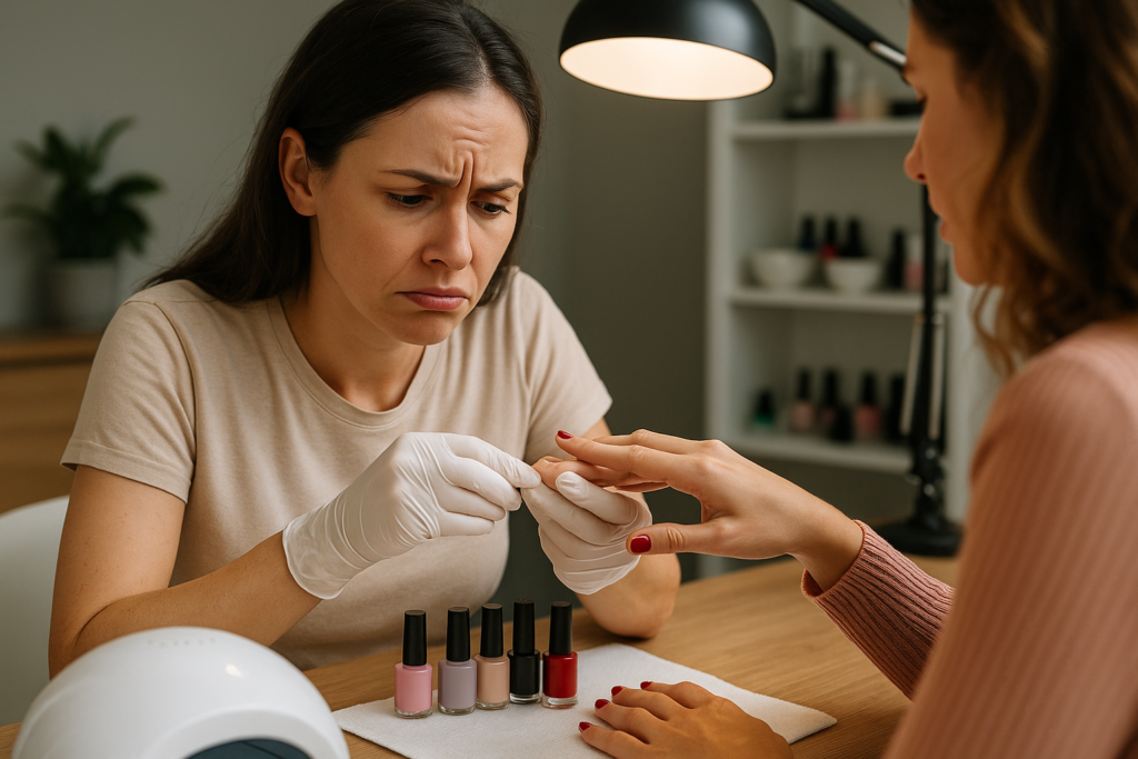 Uma técnica de unhas usando luvas parece preocupada enquanto trabalha nas unhas de uma cliente em uma mesa de salão com vários frascos de esmalte, sob uma lâmpada de mesa.