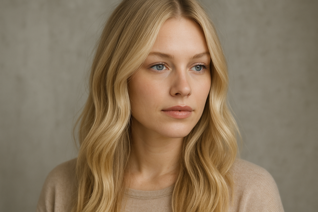 Uma mulher com cabelos loiros longos e ondulados e pele clara olha ligeiramente para o lado. Ela está usando um suéter bege e está em frente a um fundo neutro e texturizado.