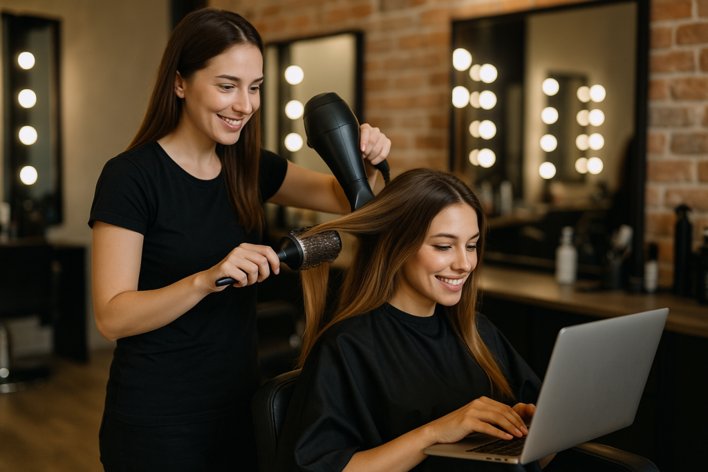 Uma mulher em uma cadeira de salão usa um laptop enquanto um cabeleireiro seca seu cabelo com uma escova redonda. As duas mulheres estão sorrindo. Os espelhos e as luzes do salão são visíveis ao fundo.