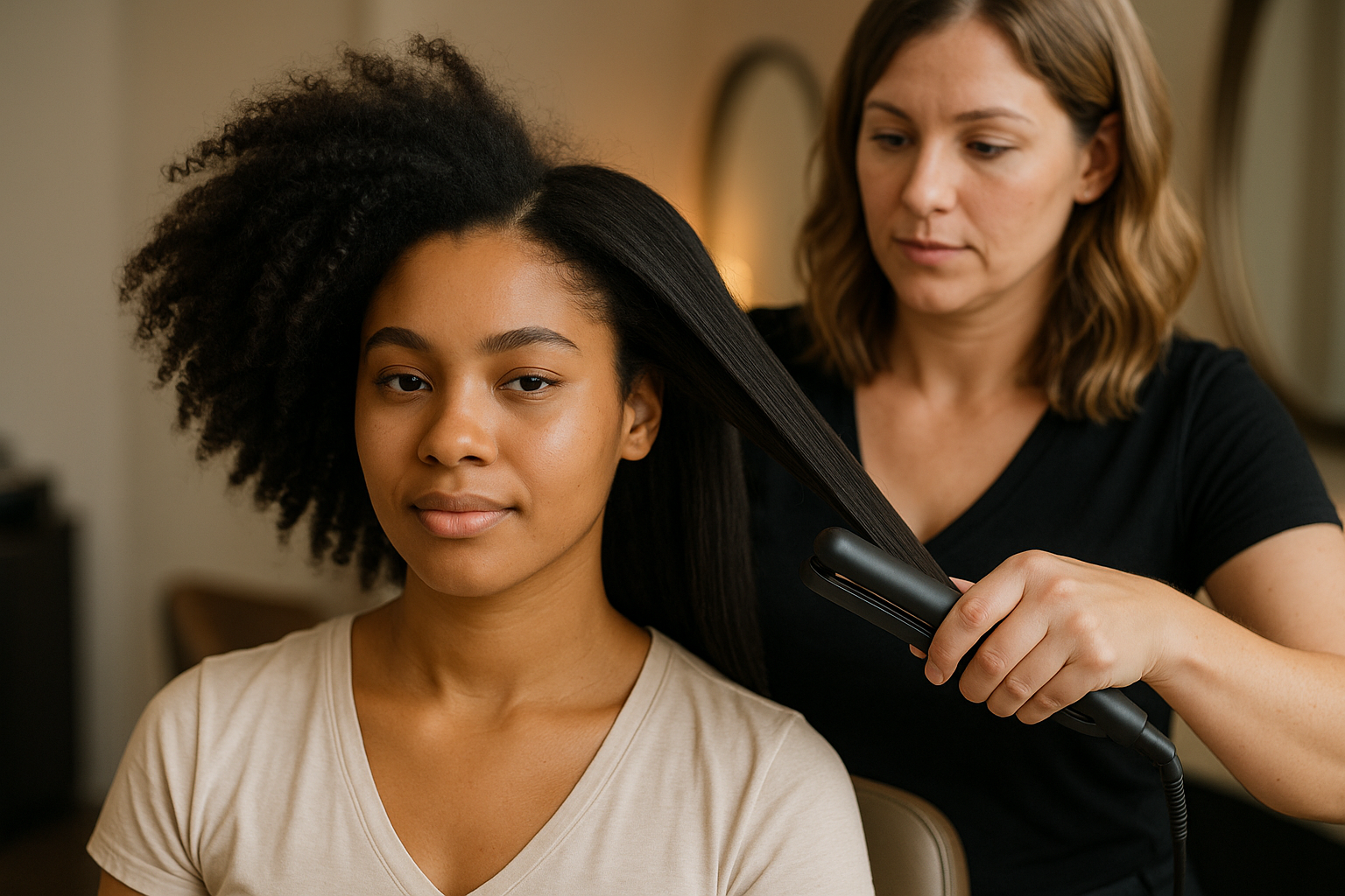 Uma mulher com cabelo cacheado natural está sentada enquanto outra mulher alisa parte de seu cabelo com uma chapinha em um salão de beleza. Ambas têm expressões neutras.