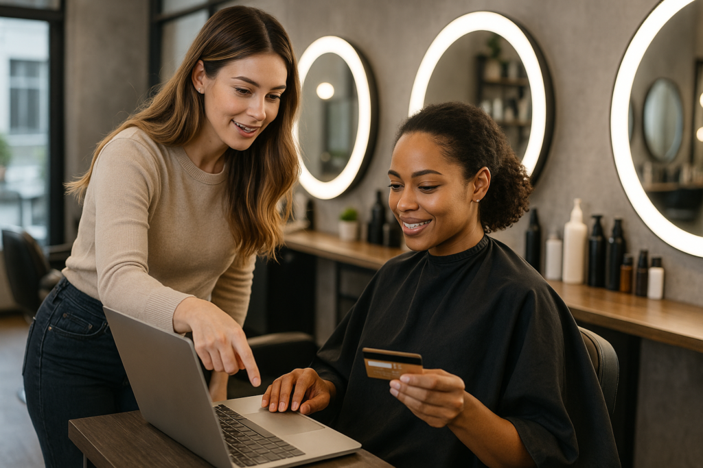 Um cabeleireiro e uma cliente estão em um salão de beleza. A cliente está sentada em uma cadeira segurando um cartão de crédito, enquanto o cabeleireiro está ao lado dela, apontando para uma tela de laptop. Prateleiras com frascos e espelhos redondos estão ao fundo.