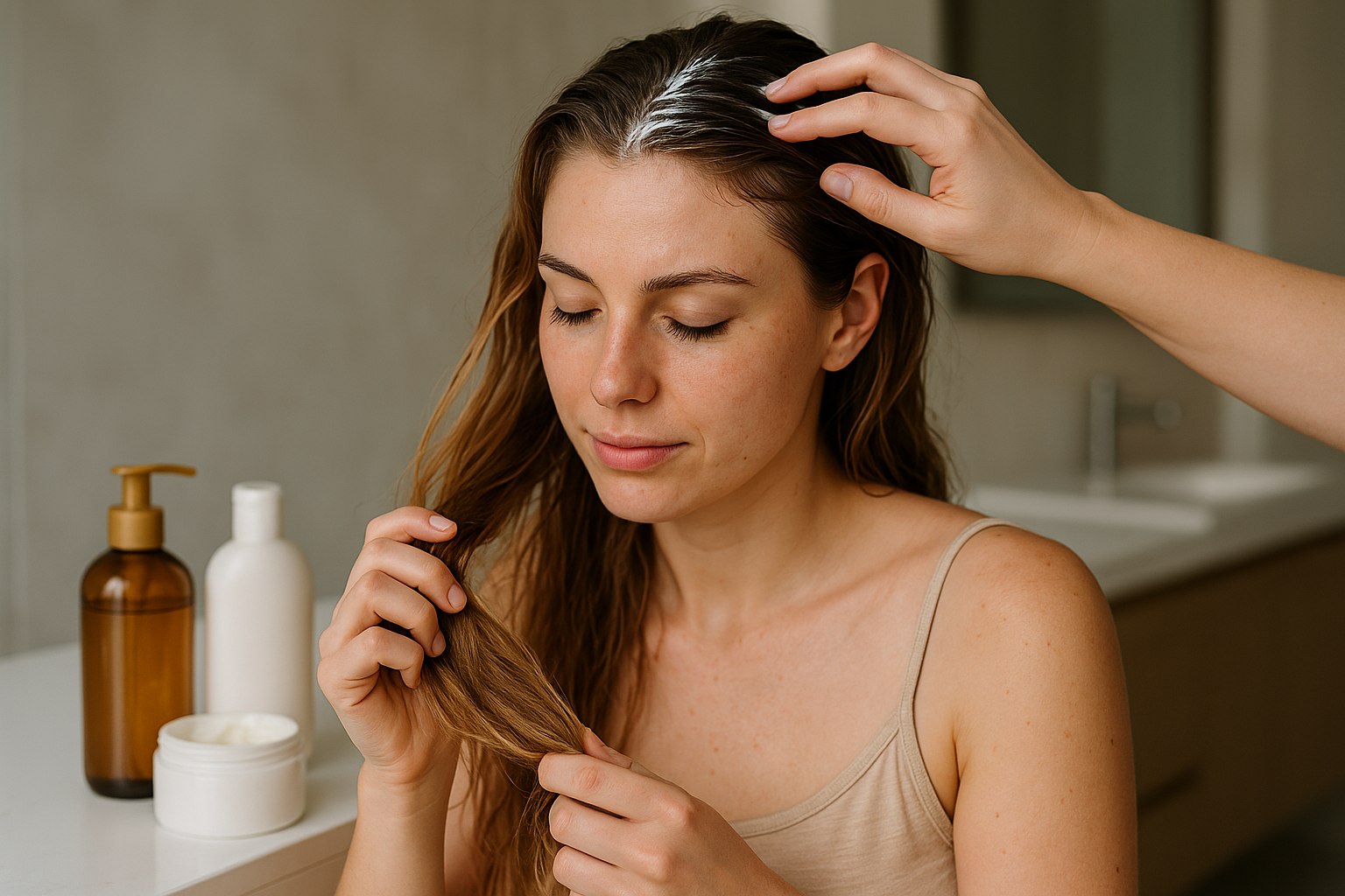 Uma mulher com longos cabelos castanhos senta-se com os olhos fechados enquanto outra pessoa aplica um produto capilar em seu couro cabeludo. Vários frascos e um pote de creme estão no balcão ao lado dela em um banheiro.