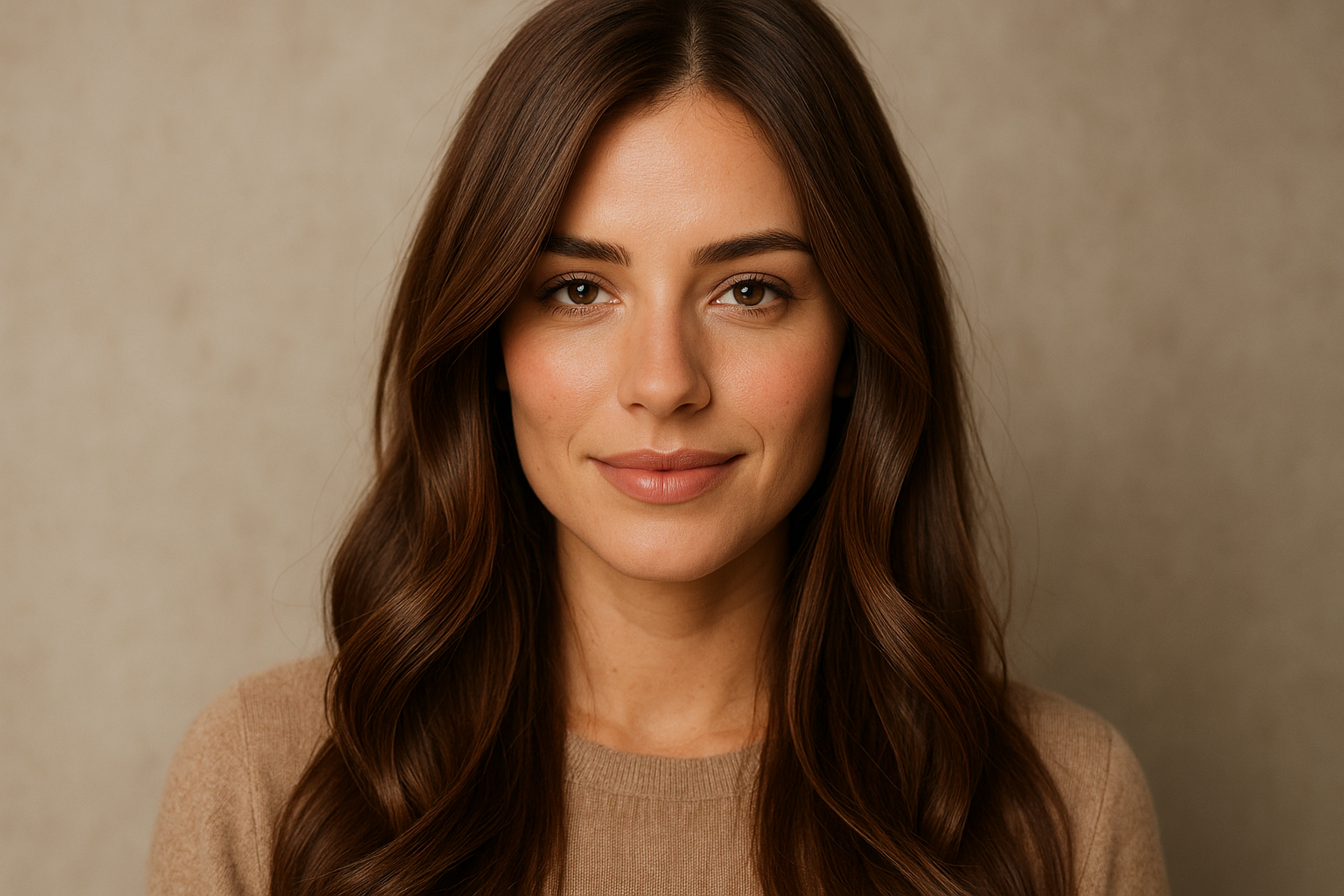 Uma mulher com longos cabelos castanhos e olhos castanhos olha diretamente para a câmera, vestindo um suéter bege, com um fundo bege neutro.