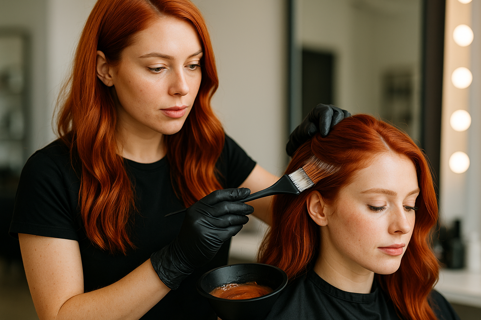 Um cabeleireiro usando luvas pretas aplica tinta de cabelo com uma escova no cabelo de uma cliente sentada em um salão de beleza. Ambos os indivíduos têm longos cabelos ruivos e expressões neutras.