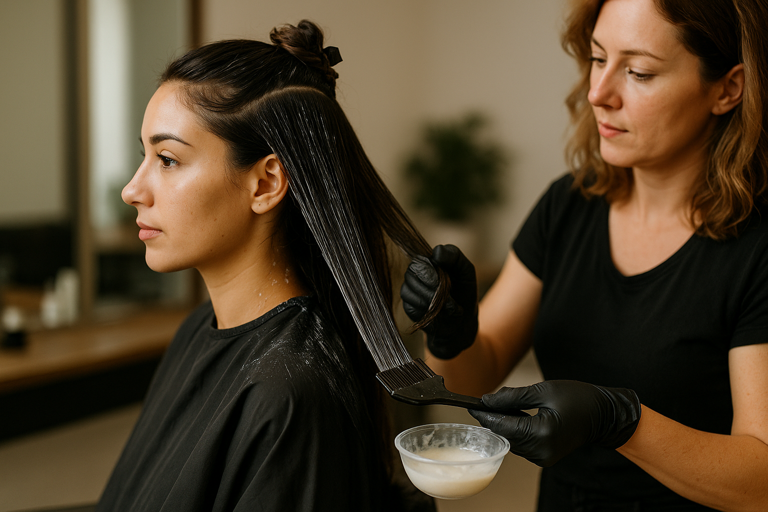 Um cabeleireiro usando luvas pretas aplica tinta de cabelo com uma escova nos cabelos longos e escuros de uma mulher sentada em um salão. A mulher usa uma capa preta e olha para frente. Uma tigela de tintura é segurada na outra mão do cabeleireiro.