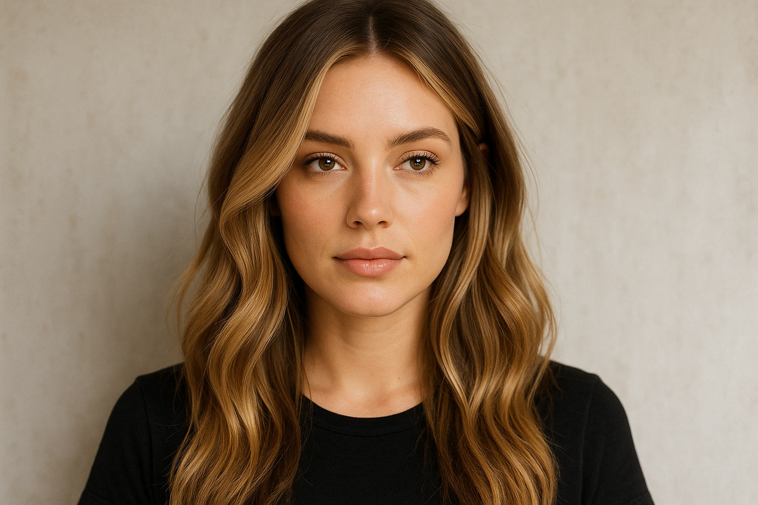 Uma mulher com longos cabelos castanhos claros ondulados e uma expressão neutra está em frente a um fundo liso de cor clara, vestindo uma camisa preta.