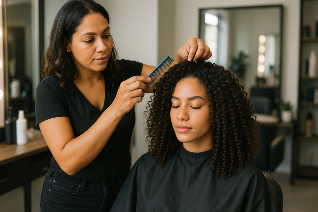 Um cabeleireiro de camisa preta usa um pente para pentear o cabelo de uma mulher sentada com cabelos cacheados, que está usando uma capa preta de salão e tem os olhos fechados. A cena se passa em um salão de beleza moderno.