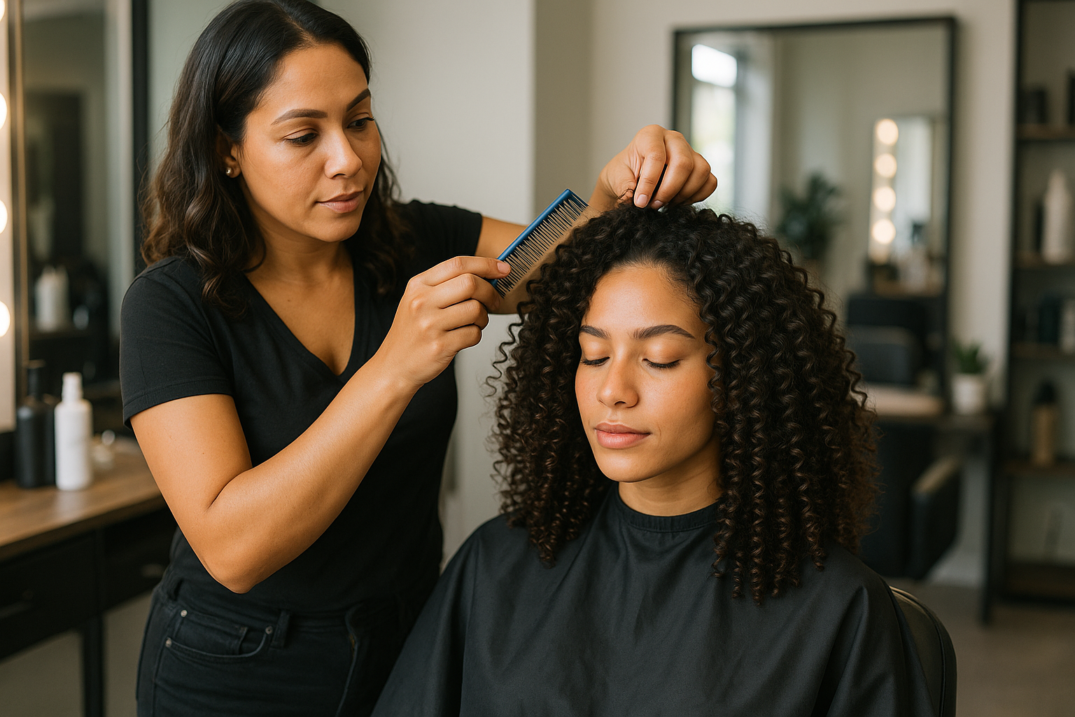 Um cabeleireiro de camisa preta usa um pente para pentear o cabelo de uma mulher sentada com cabelos cacheados, que está usando uma capa preta de salão e tem os olhos fechados. A cena se passa em um salão de beleza moderno.
