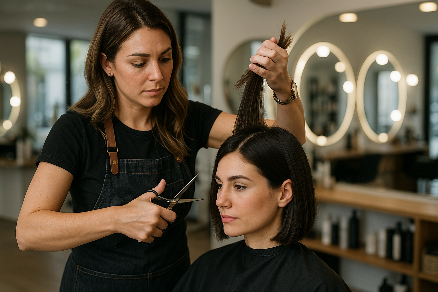 Um cabeleireiro usando avental preto levanta uma mecha do cabelo castanho de uma mulher enquanto se prepara para cortá-lo com uma tesoura em um salão moderno e bem iluminado, com espelhos circulares e prateleiras ao fundo.