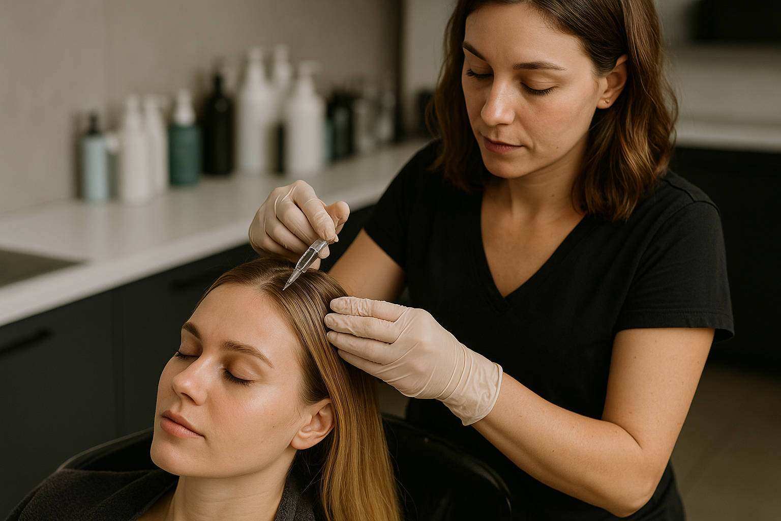 Uma mulher usando luvas usa um conta-gotas para aplicar uma solução no couro cabeludo de outra mulher que está sentada com os olhos fechados em um salão de beleza. Frascos de produtos para cabelo são visíveis ao fundo.
