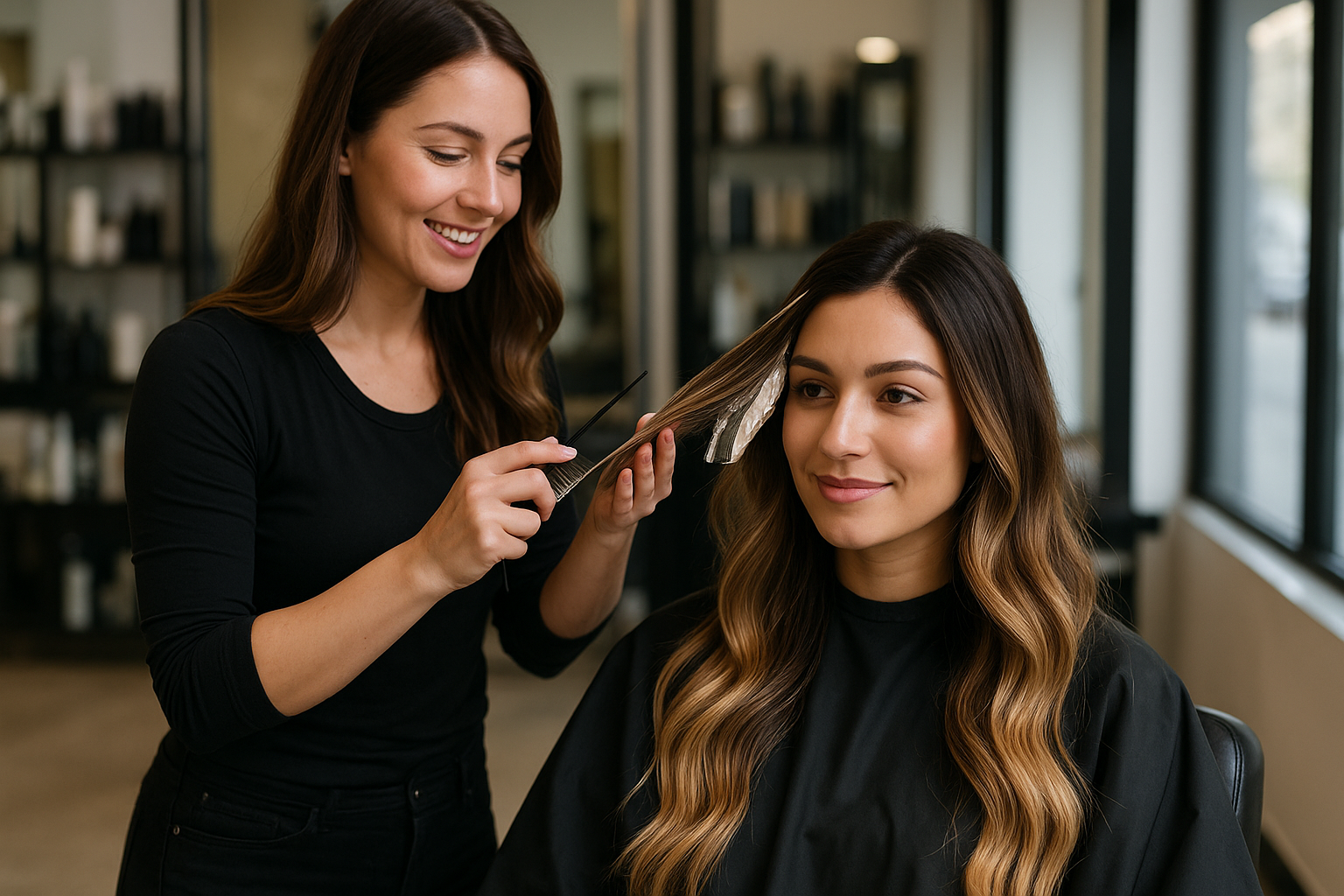 Um cabeleireiro vestindo preto aplica espumas no cabelo de uma mulher sentada em um salão moderno. A cliente tem cabelos longos e ondulados e usa uma capa preta. As prateleiras com produtos para cabelo estão visíveis ao fundo.